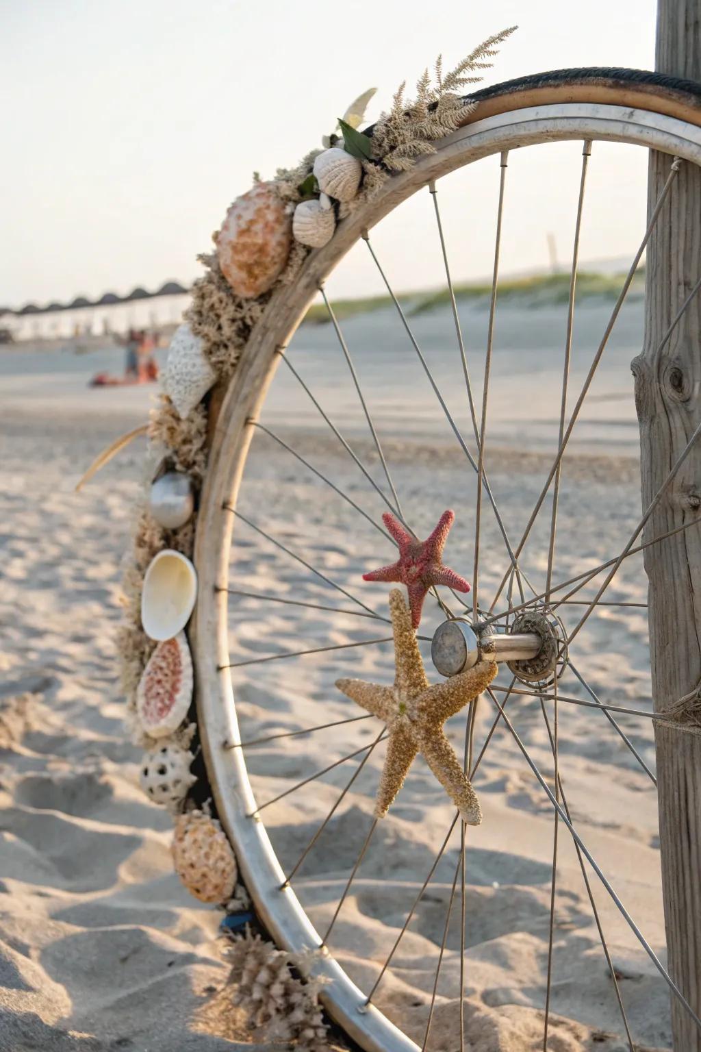 A beach-inspired bicycle wheel wreath with seashells and starfish for a coastal vibe.