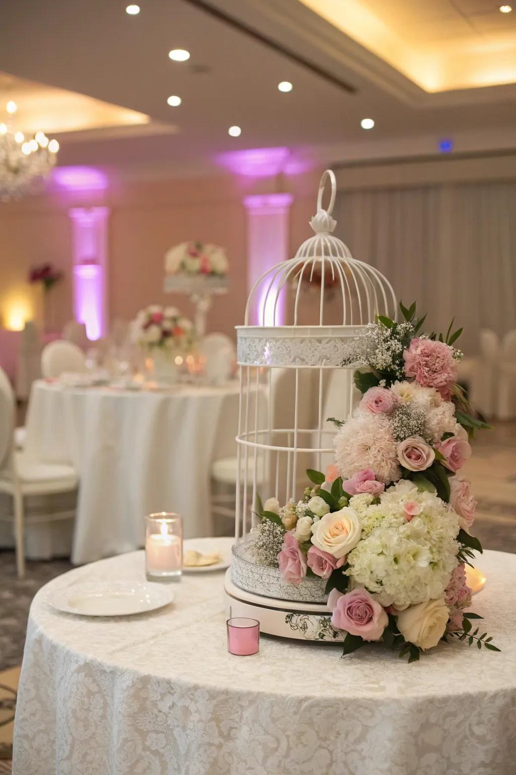 A wedding table ornamented with a romantic bird cage centerpiece.