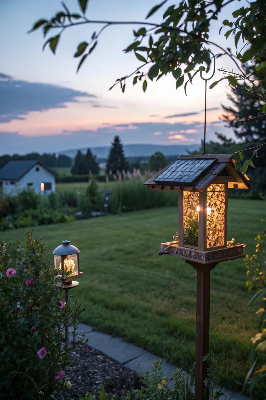 A solar-powered feeder brightening up the garden as the sun goes down.