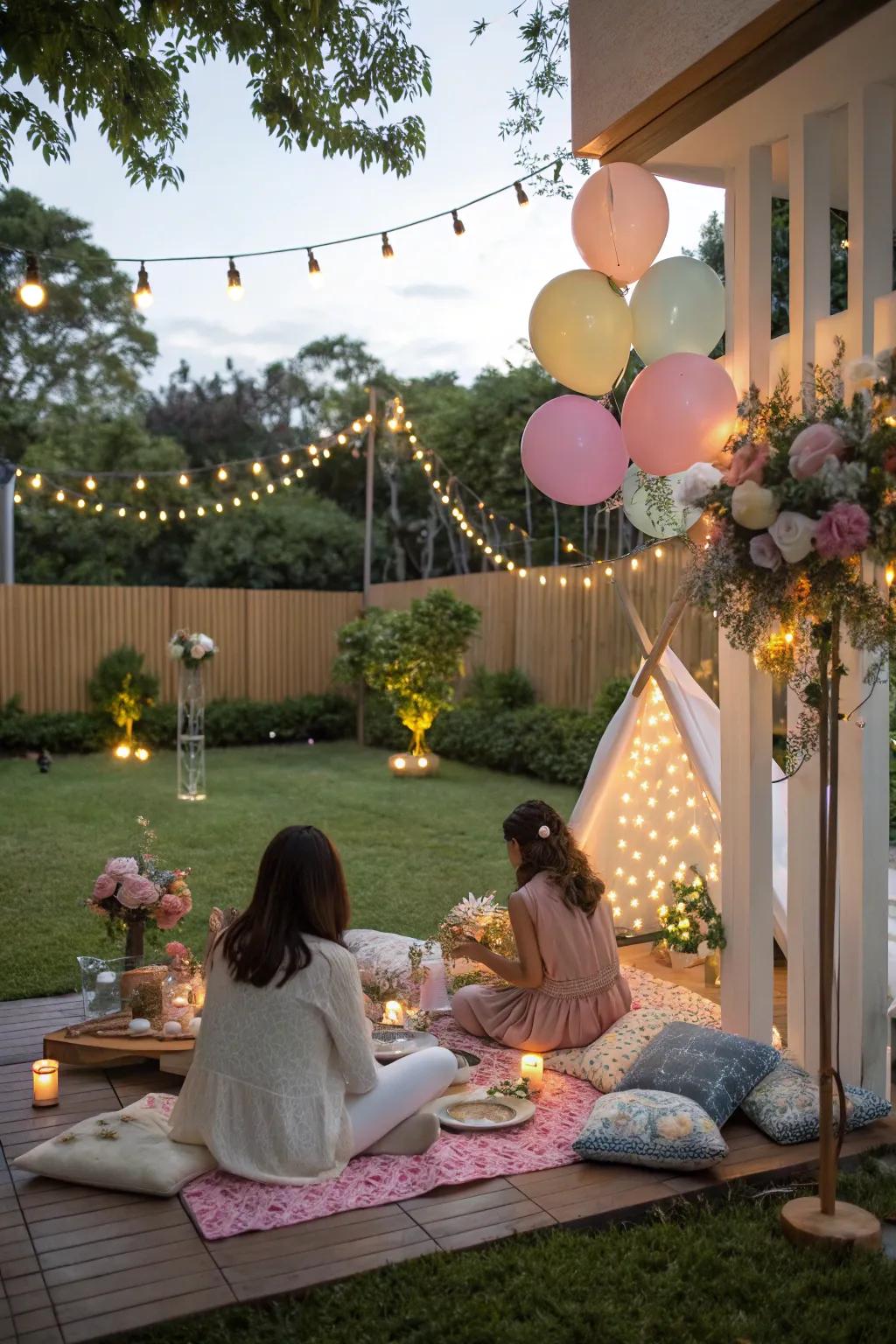 A chic open-air celebration arrangement with comfortable floor cushions for a relaxed party.