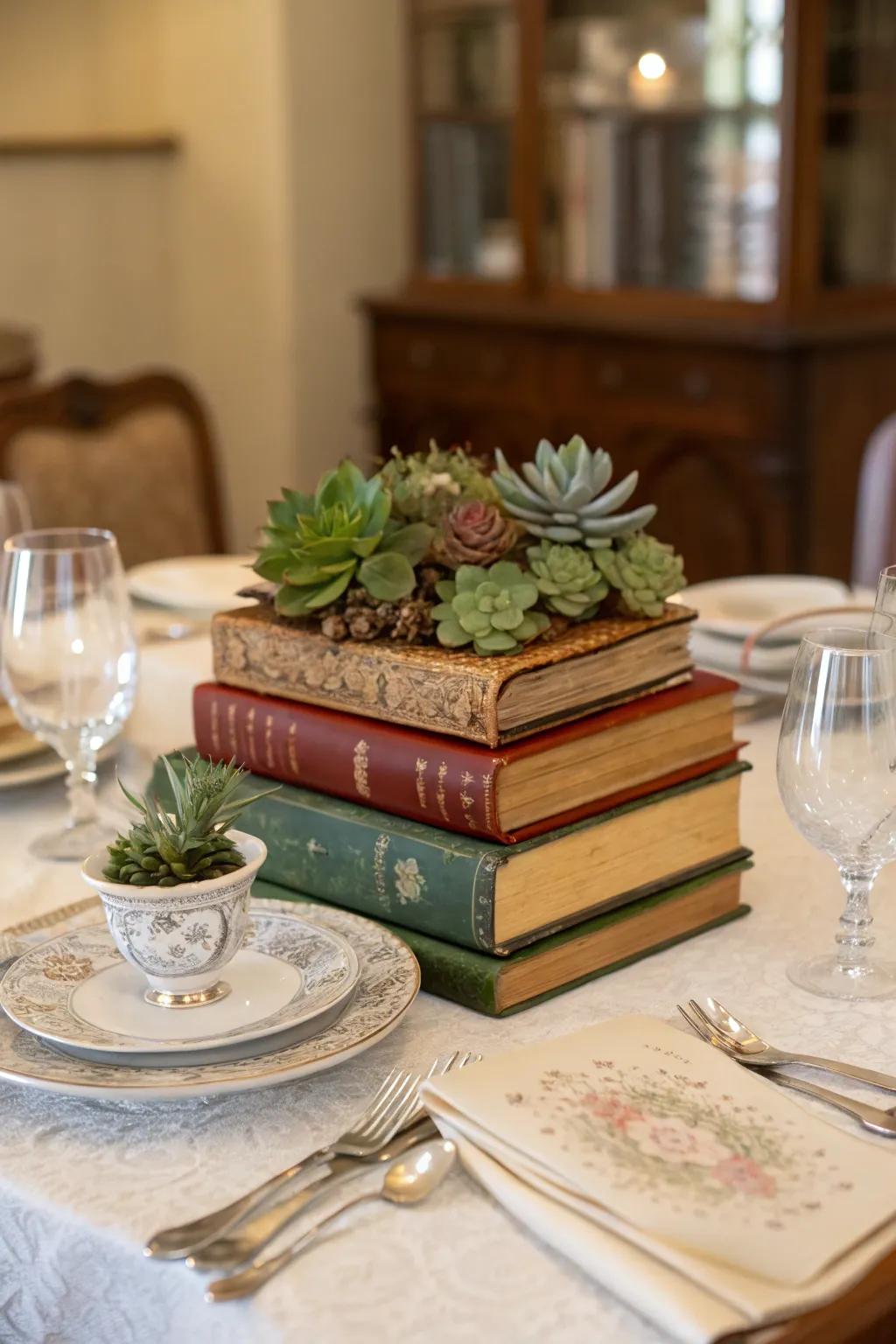 A classic book tower centerpiece is perfect for book enthusiasts.