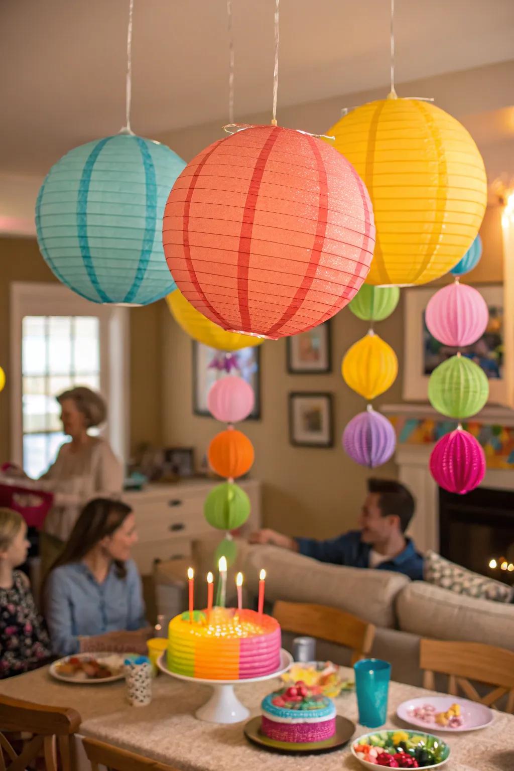 Paper globes create a captivating overhead display.