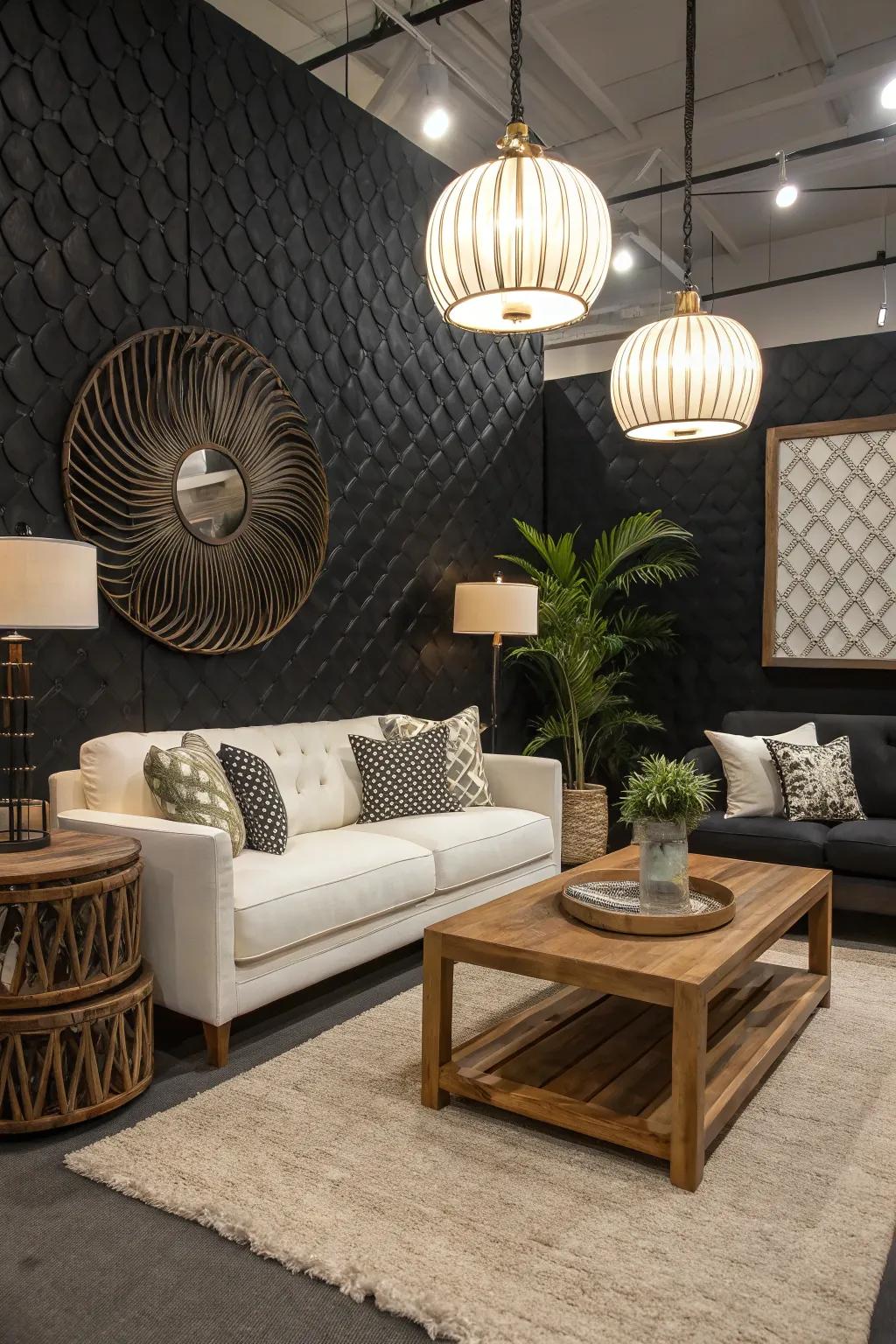 A room showcasing a textured ebony feature wall, enhancing its overall dimension and personality.