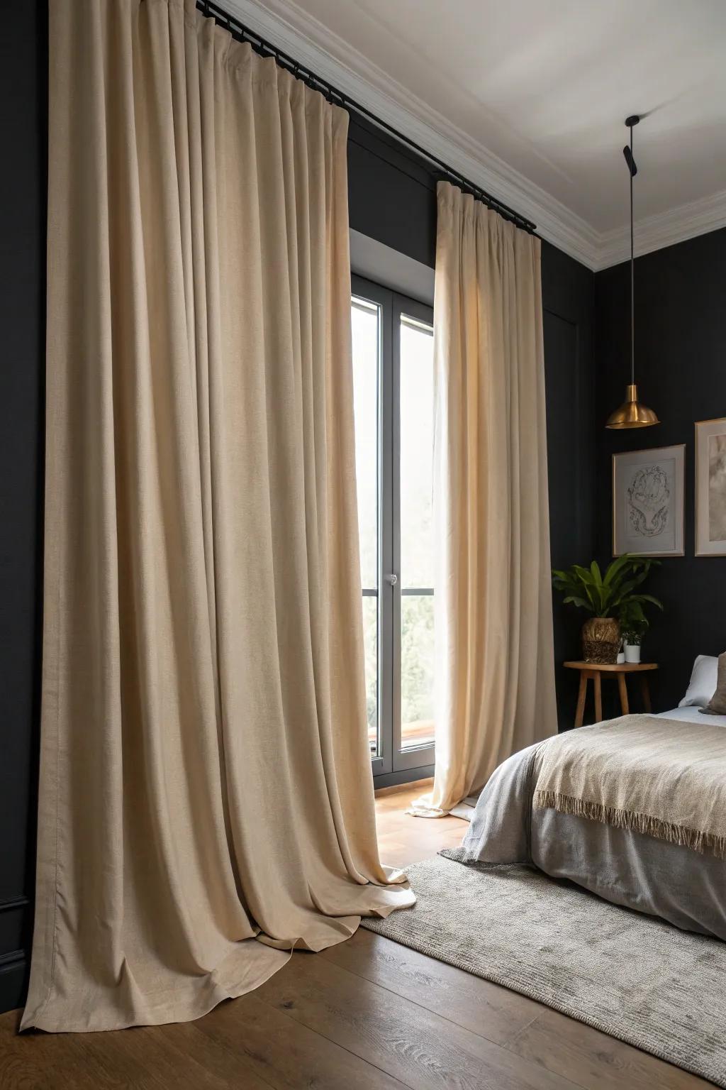 Beige window coverings give a smooth touch and enhance dark walls beautifully.