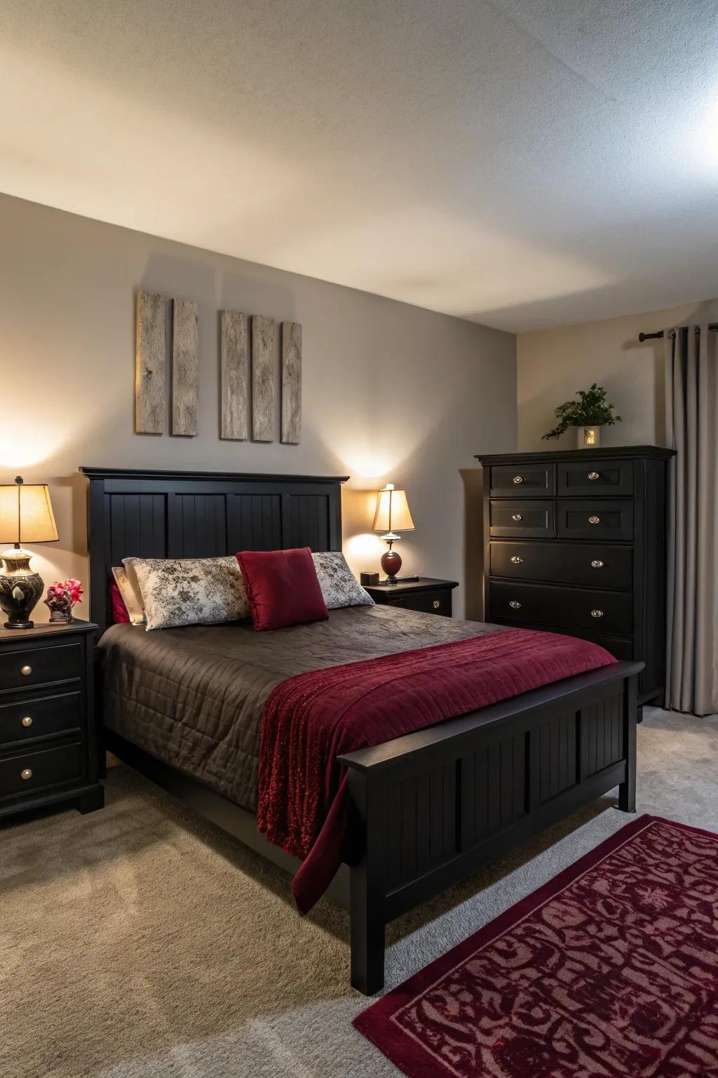 Cozy lighting elevates the comfort and richness of your black and burgundy bedroom.