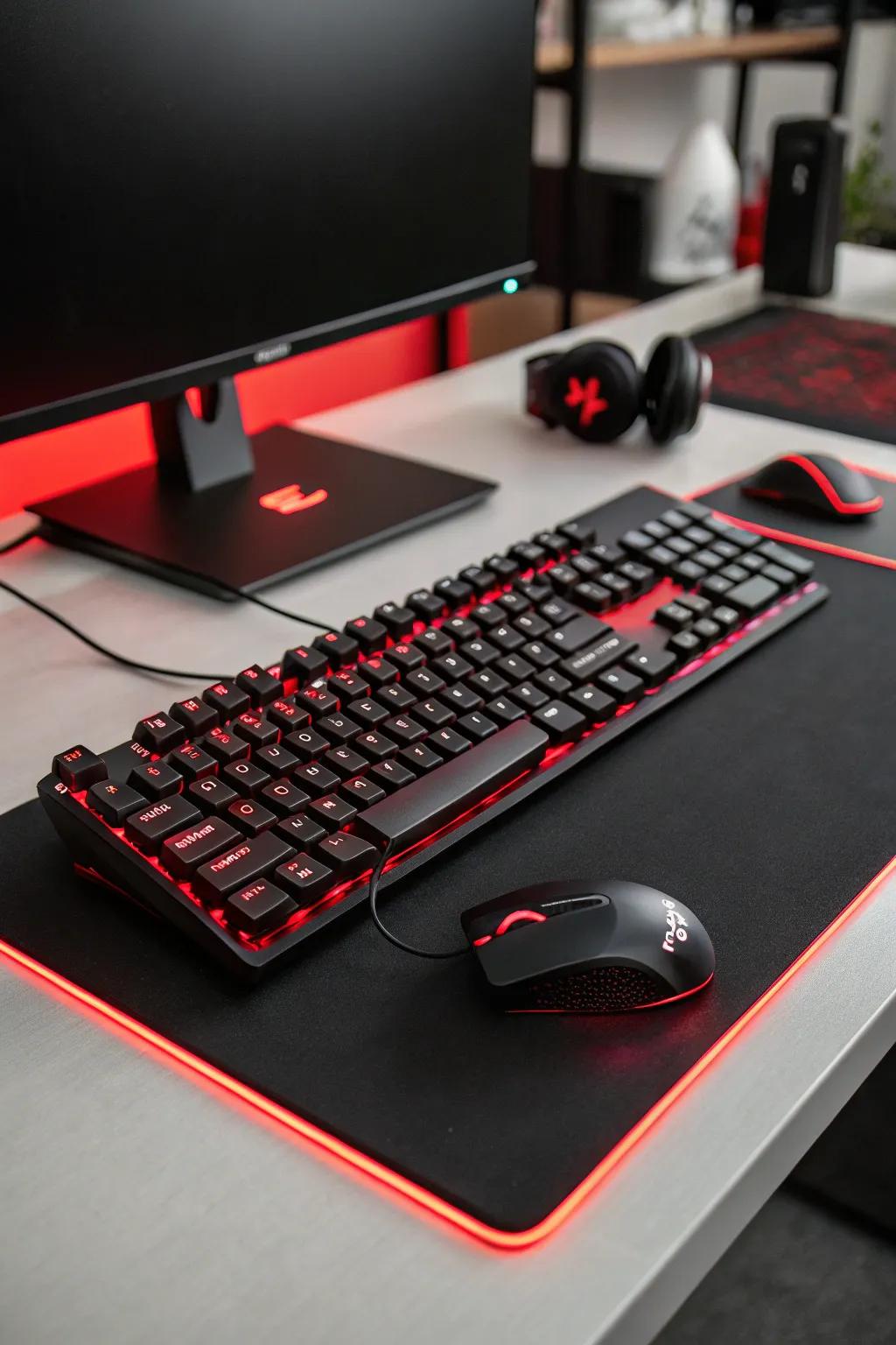 A black keyboard and mouse glow with red backlighting, improving the gaming setup.