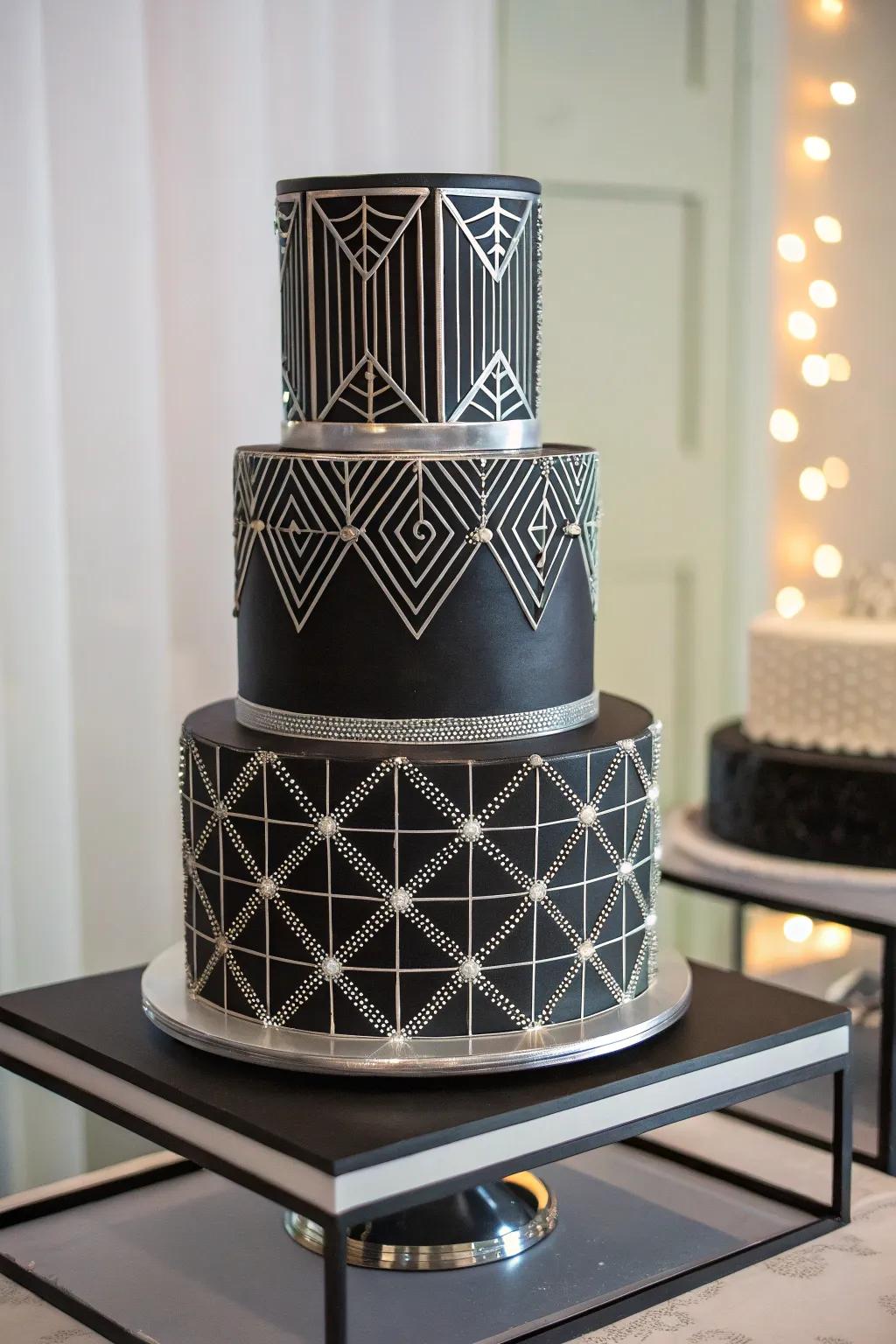 A modern slate and chrome wedding cake.