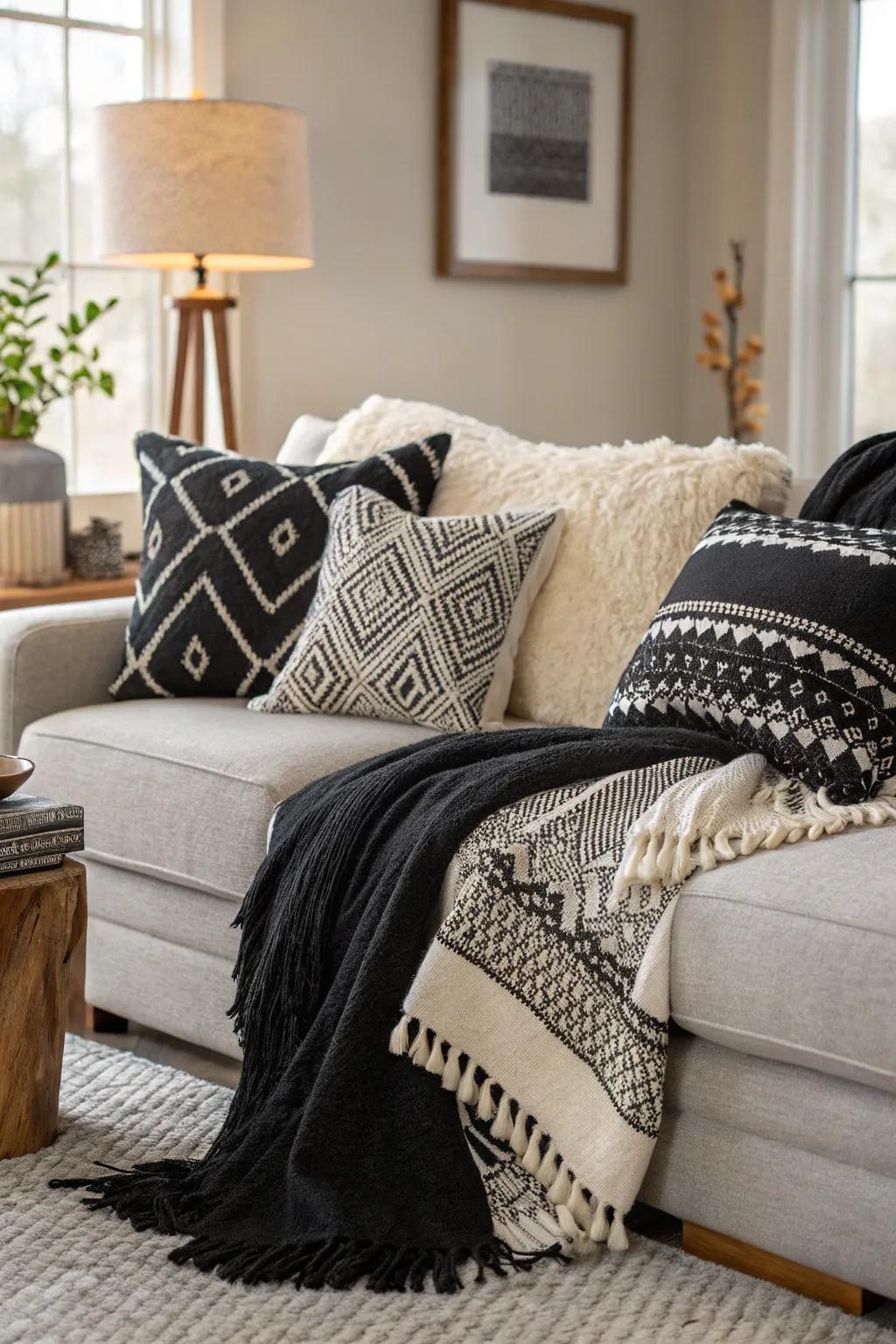 Textured dark and pale pillows and throws that add warmth to the living space.