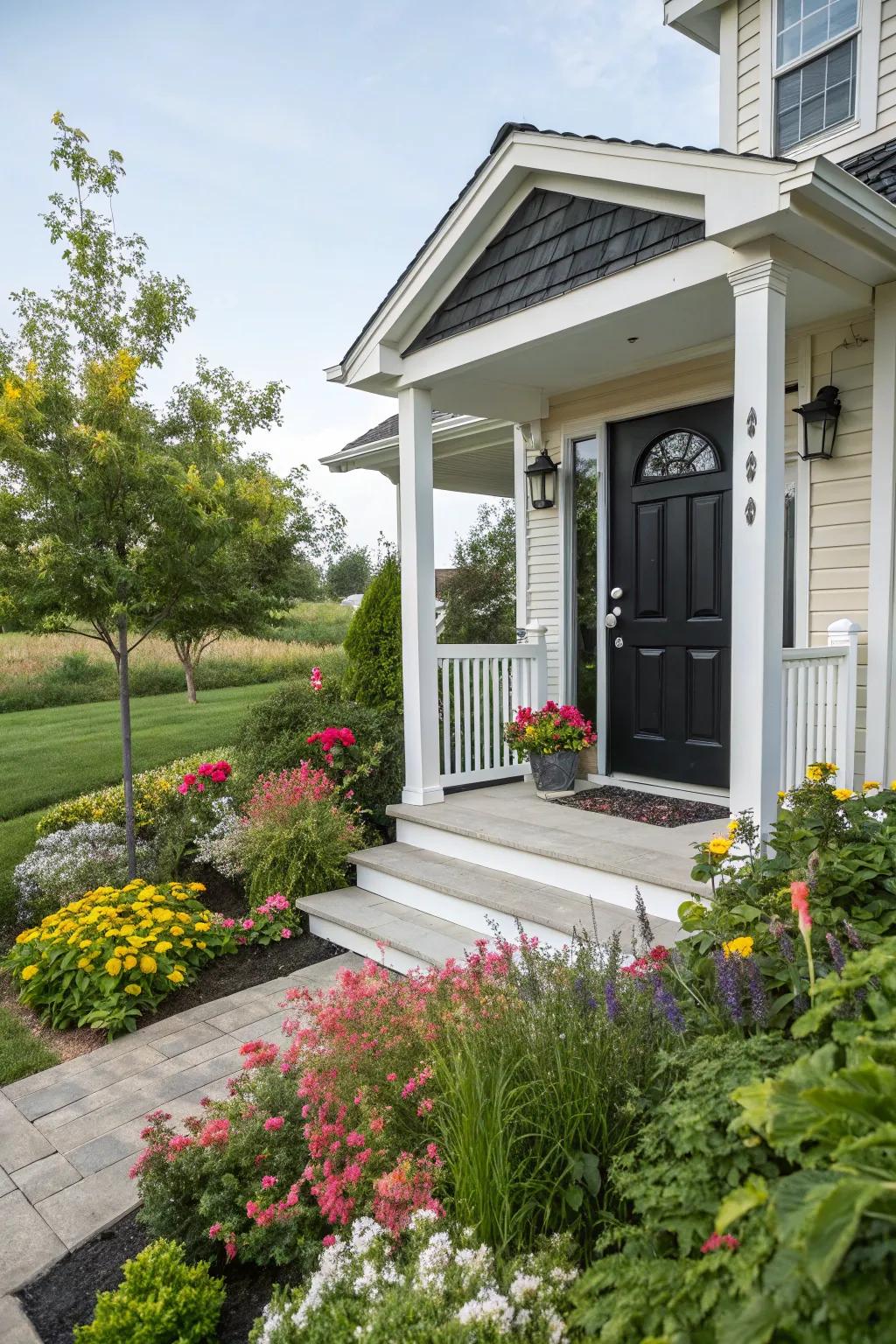 An appealing entryway featuring a striking dark front door.