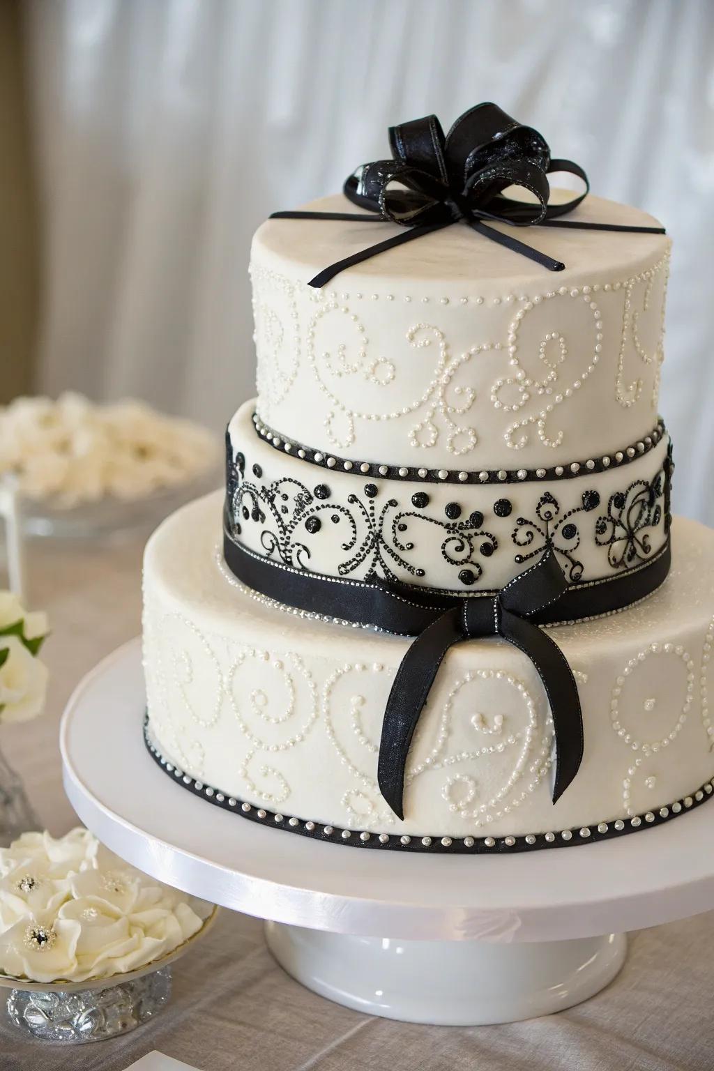 A dual-tone monochrome wedding cake makes a striking dessert centerpiece.