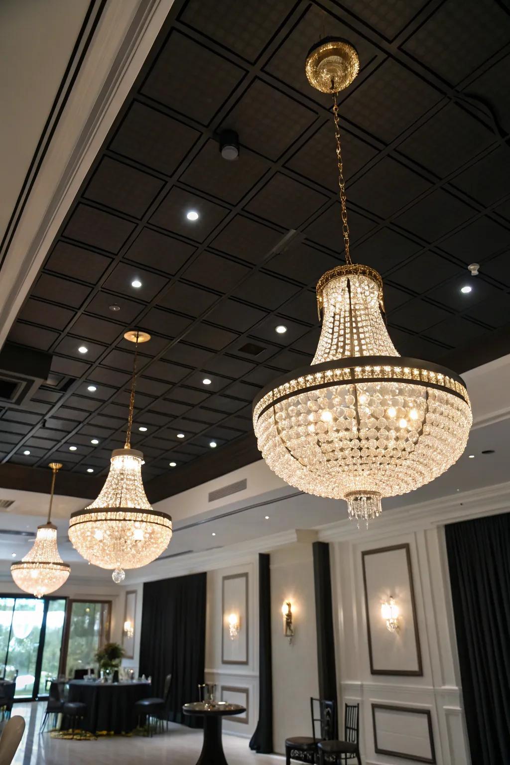 An elegant room where overhead lighting fixtures accentuate a black ceiling.