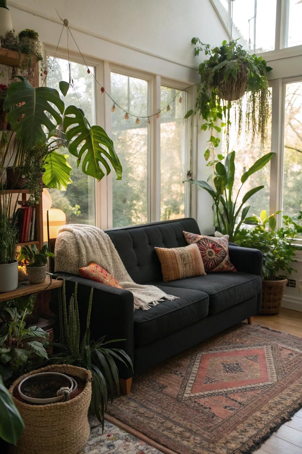 Nature meets a black couch with the addition of greenery.