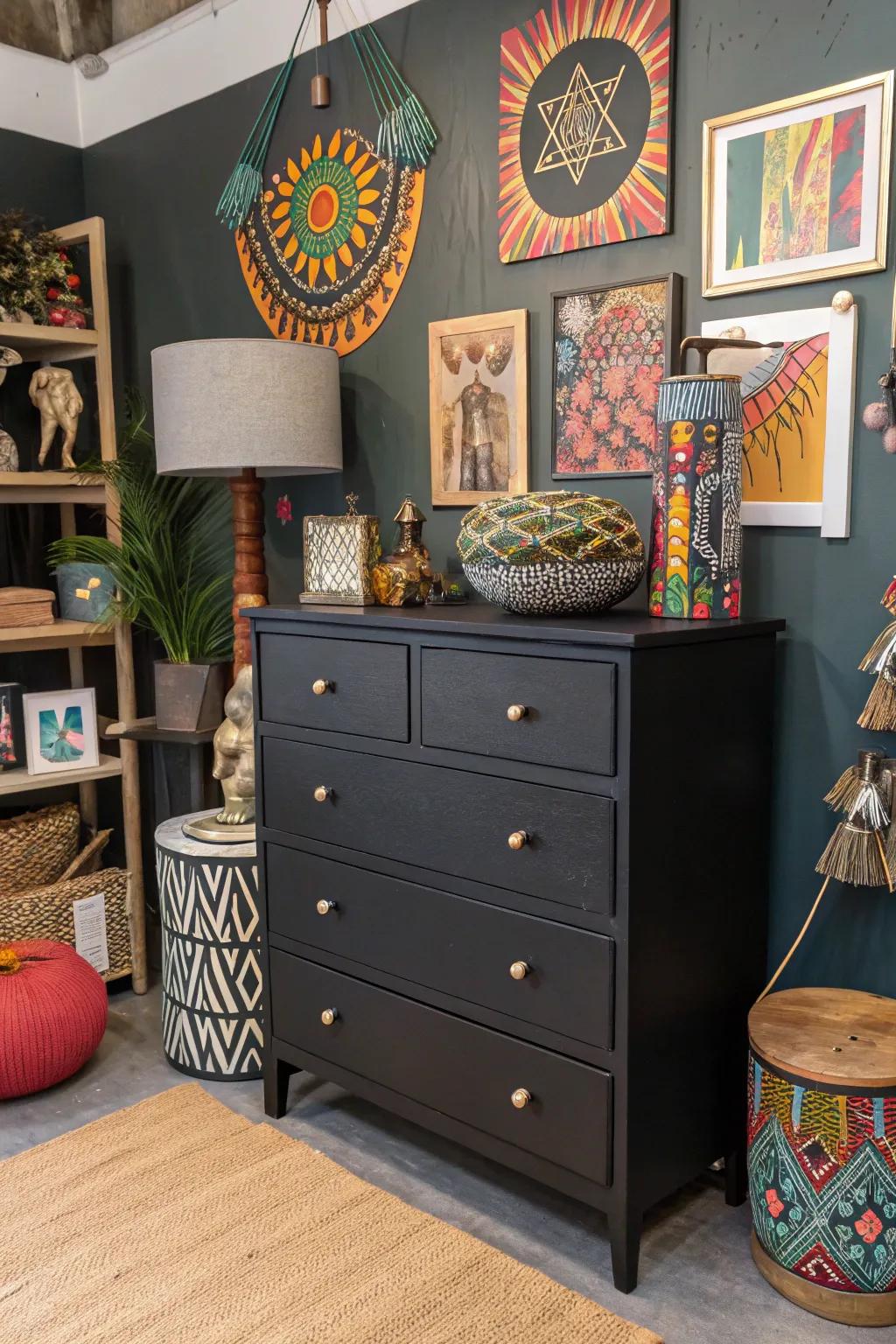 An eclectic décor scheme featuring a dark stained dresser as the anchor.