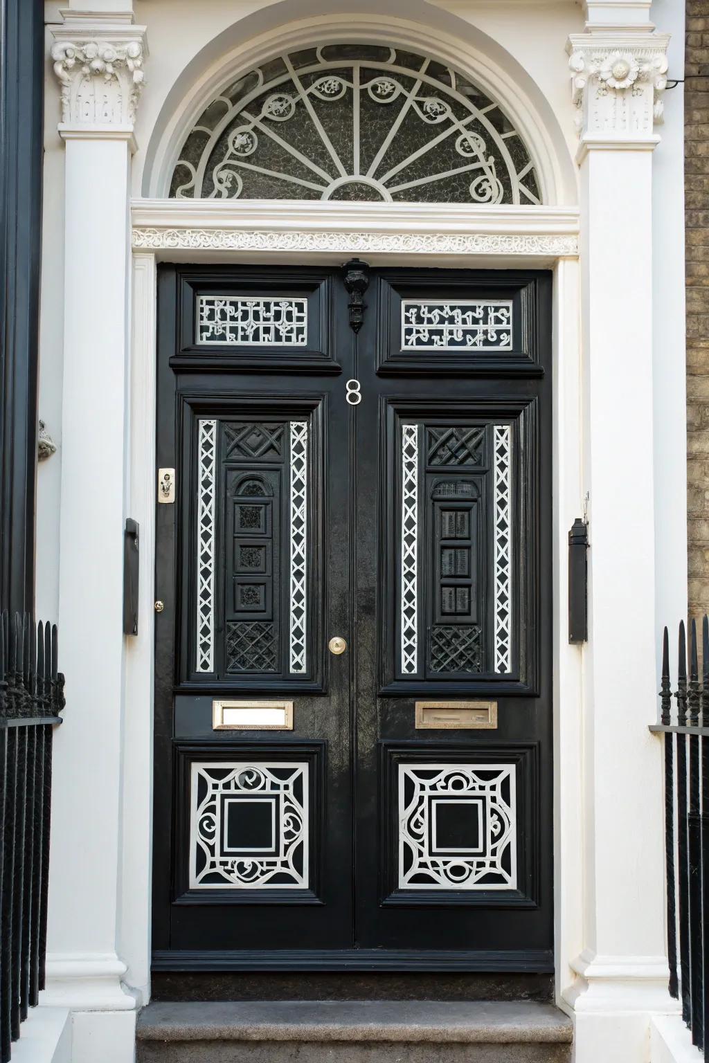 Geometric patterns on a black door are strikingly accentuated with white trim.