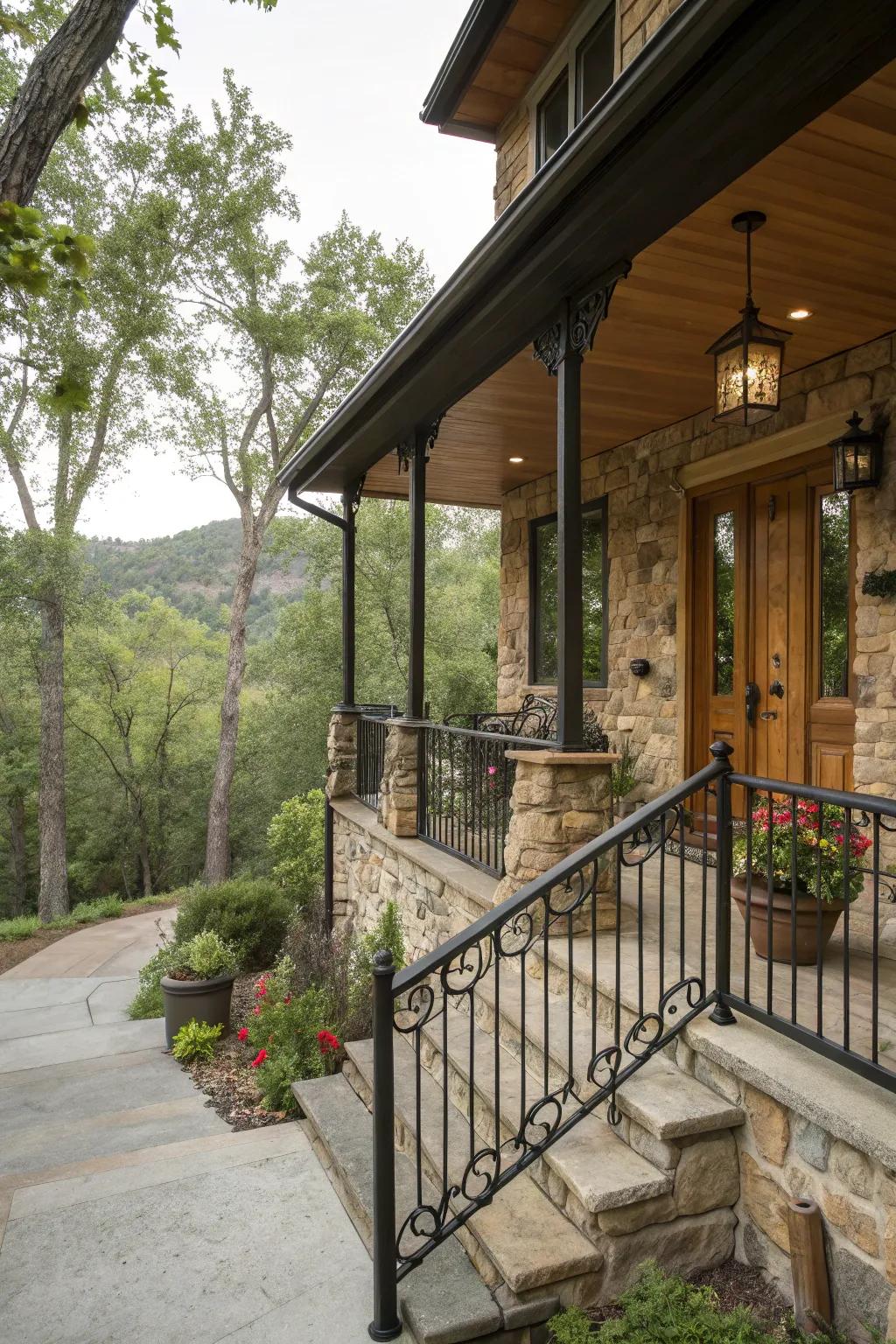 Country charm with dark railings and stone creates a cozy, welcoming porch.