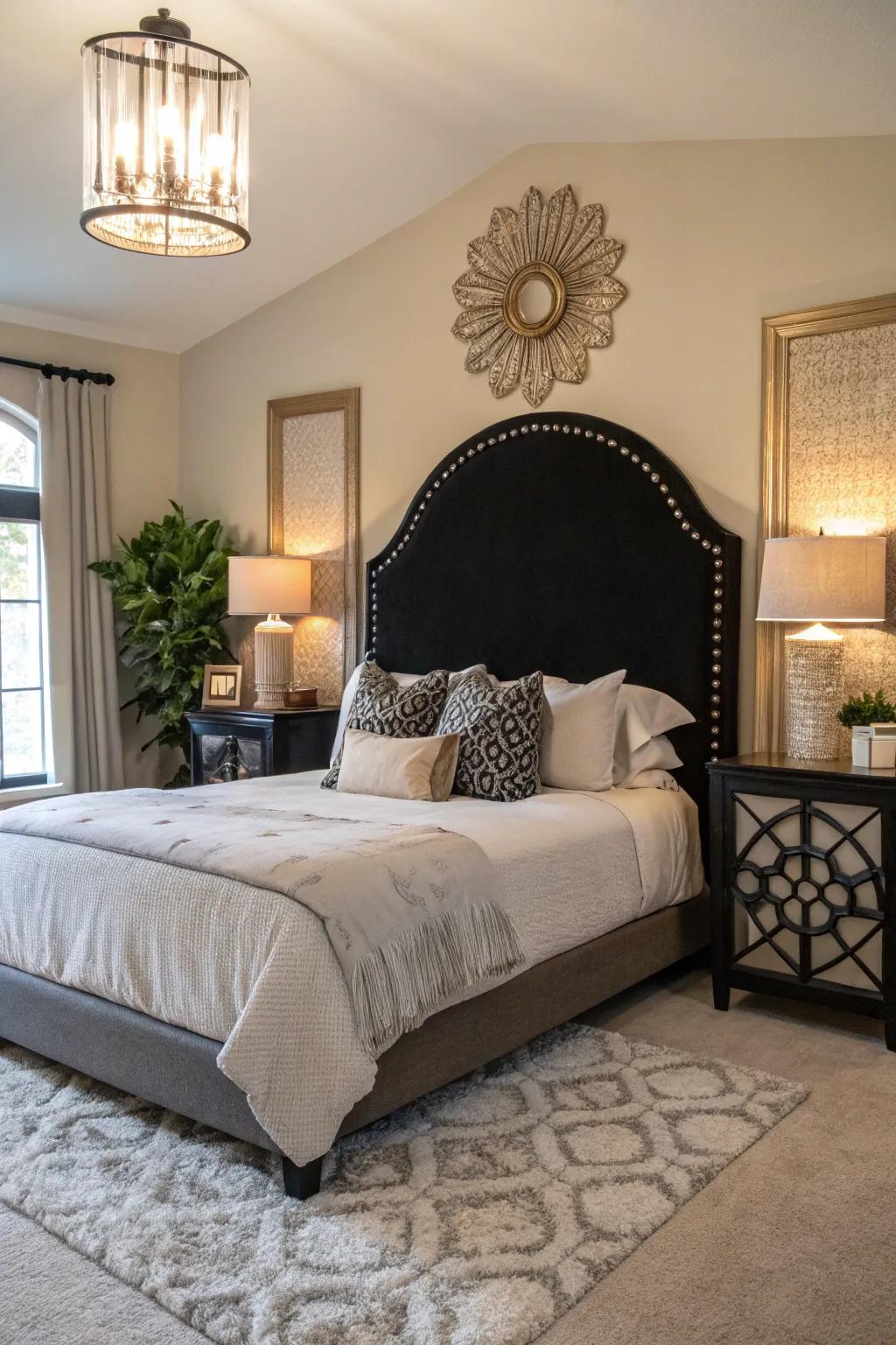 Refined bedroom showcasing a unique dark curved headboard