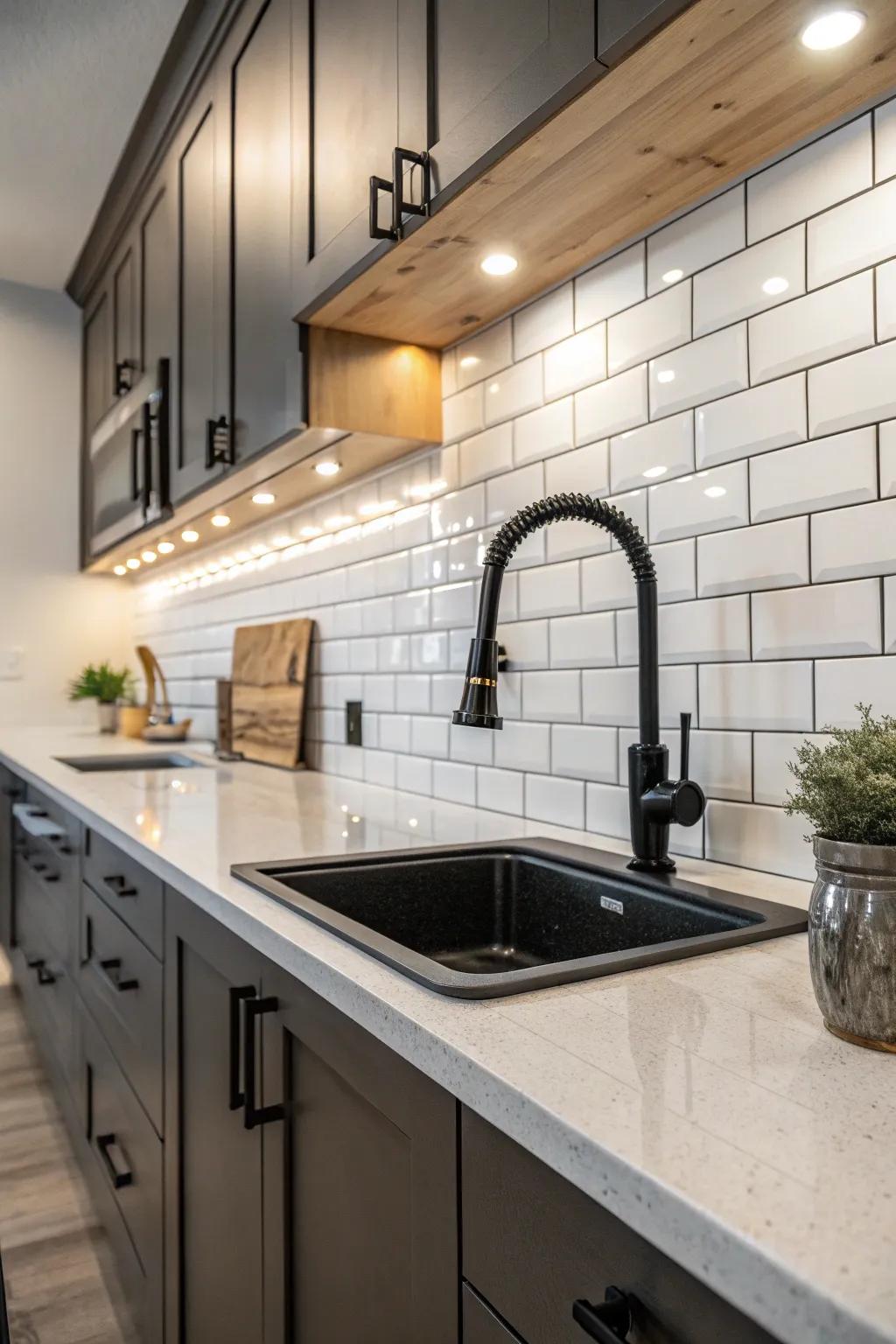 The textured backsplash beautifully complements the dark toned faucet in this kitchen.