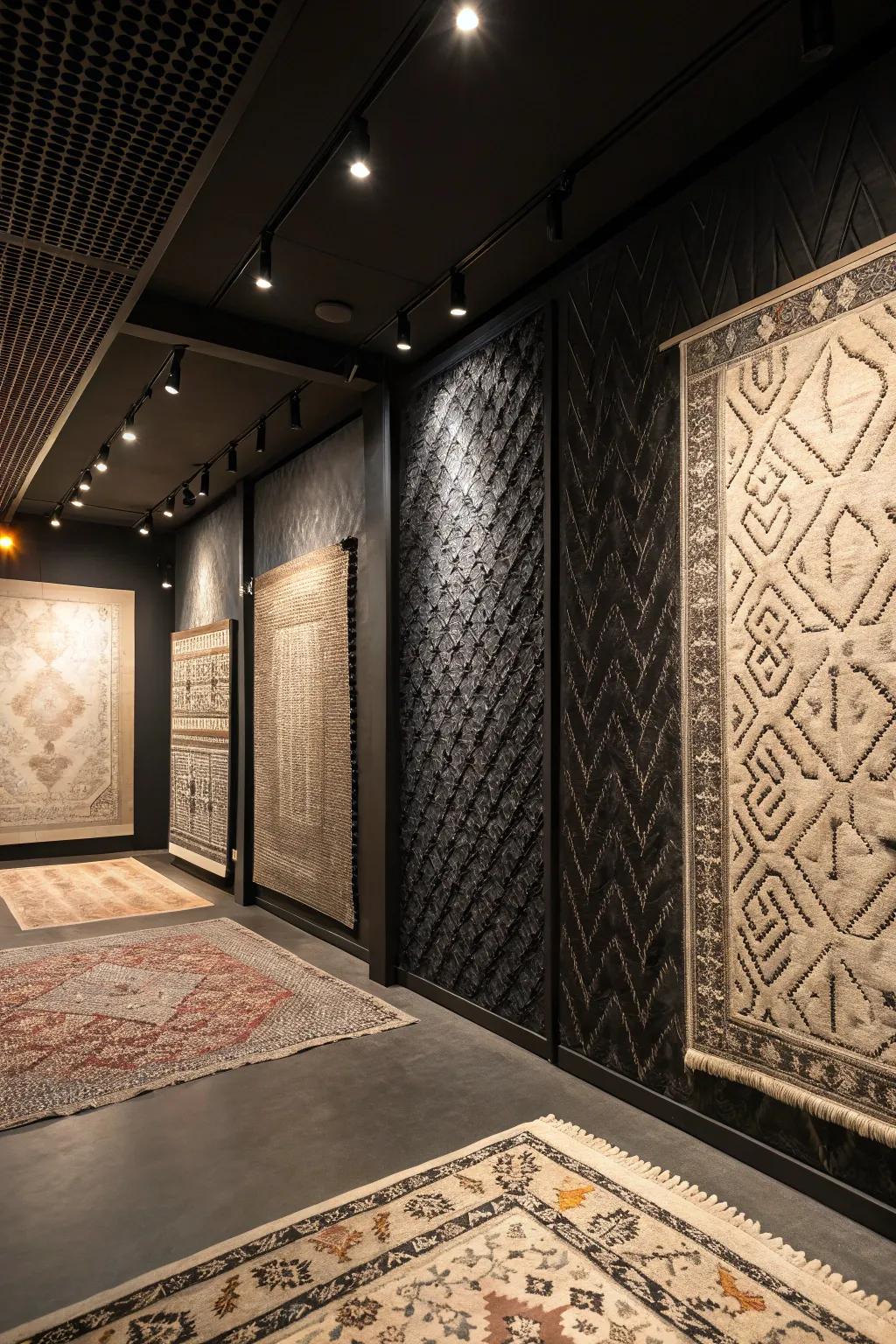 Textured wall coverings and patterned rugs add depth to a dark room.