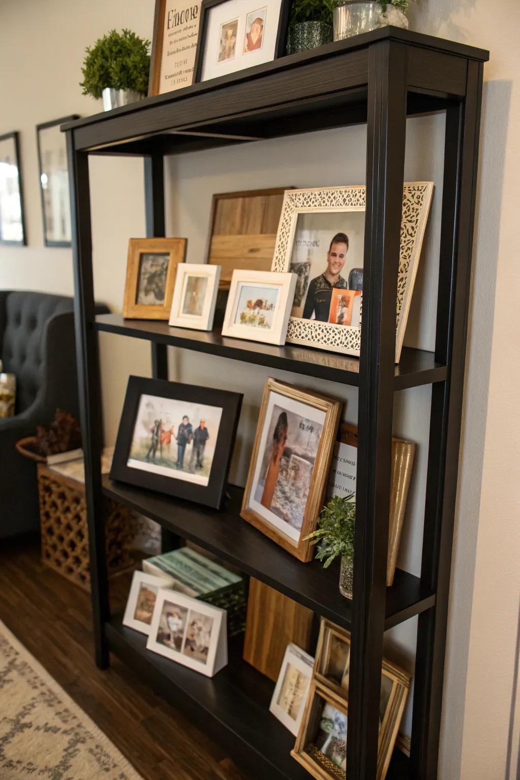 Personal artwork and photos adding character to a black shelf.