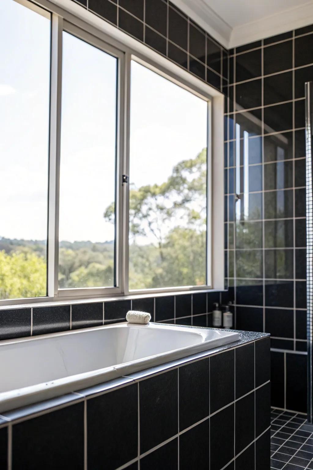 Natural light streams into the bathroom, beautifully complementing the dark stone panels.