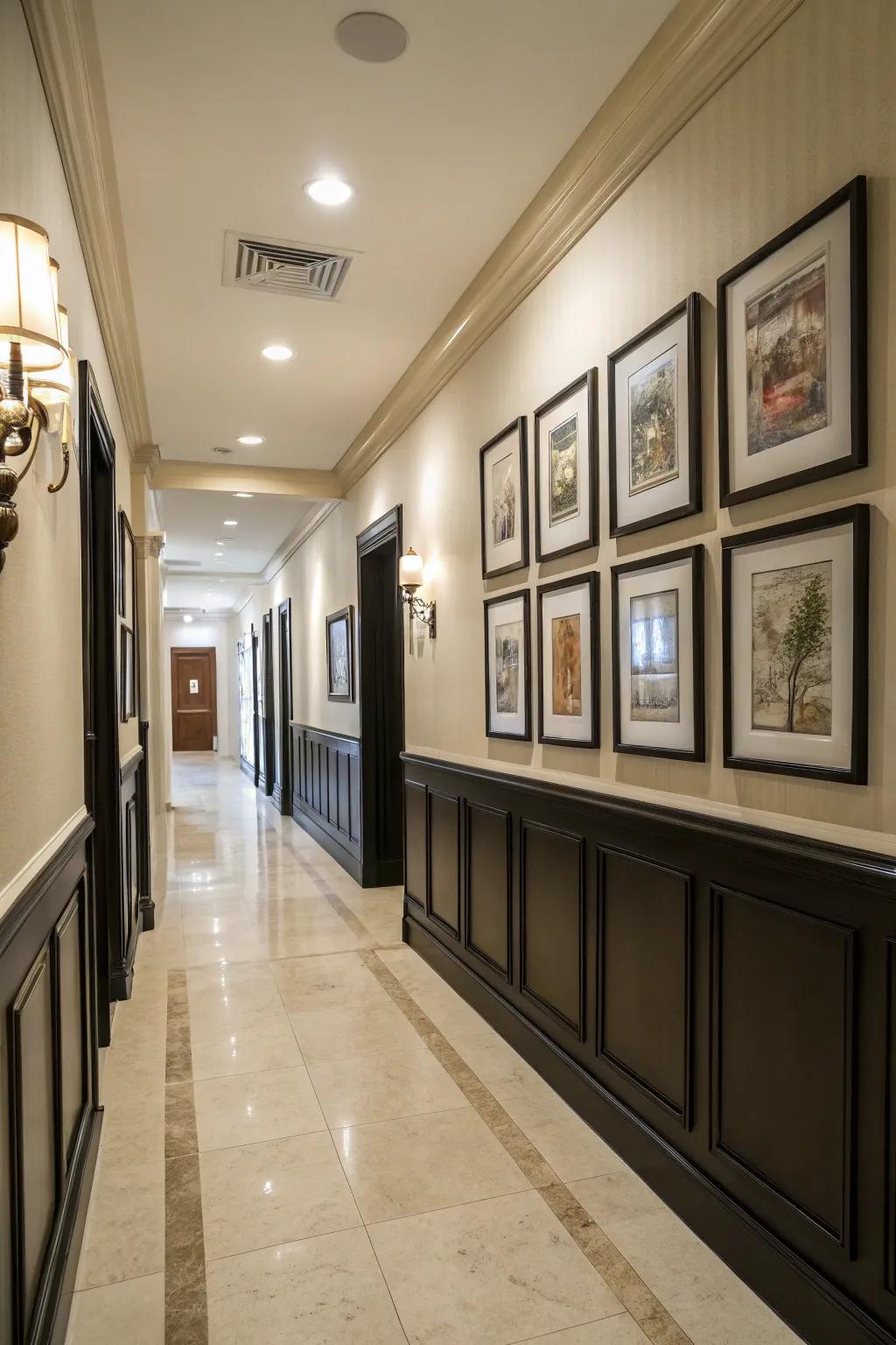 An artistic hallway featuring black wainscoting and curated artwork.