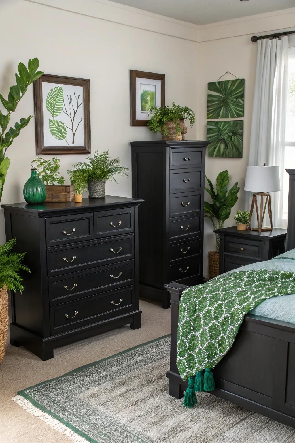 Strong charcoal furniture creating a modern contrast with green decor.