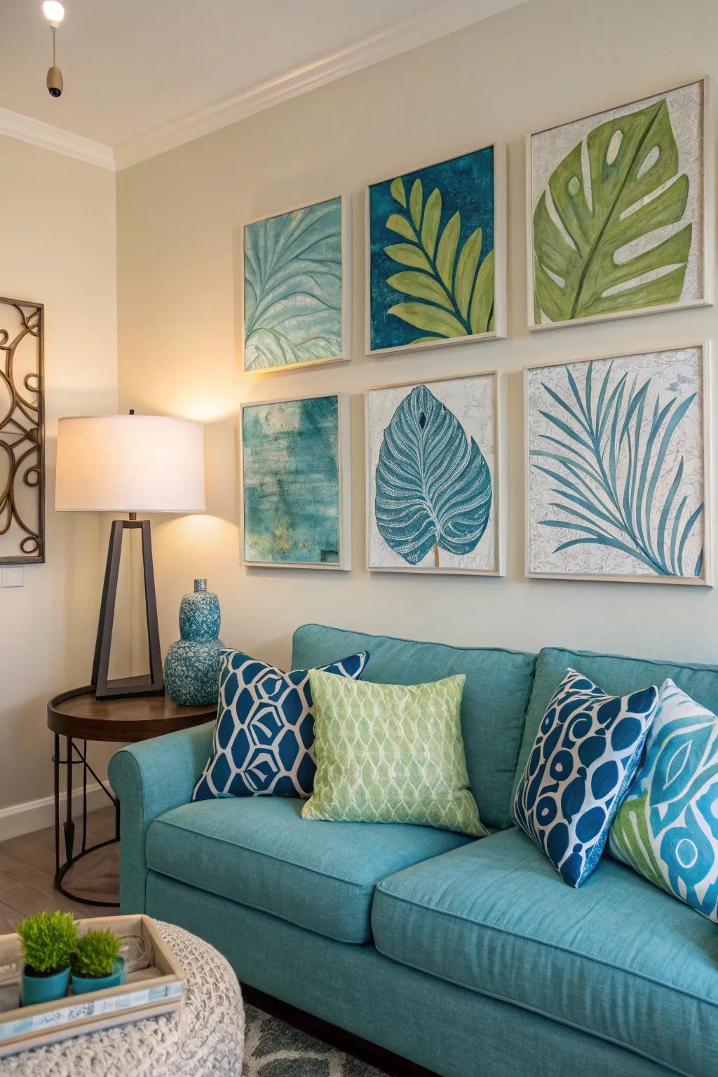 Abstract art brings together the color scheme with a contemporary style.