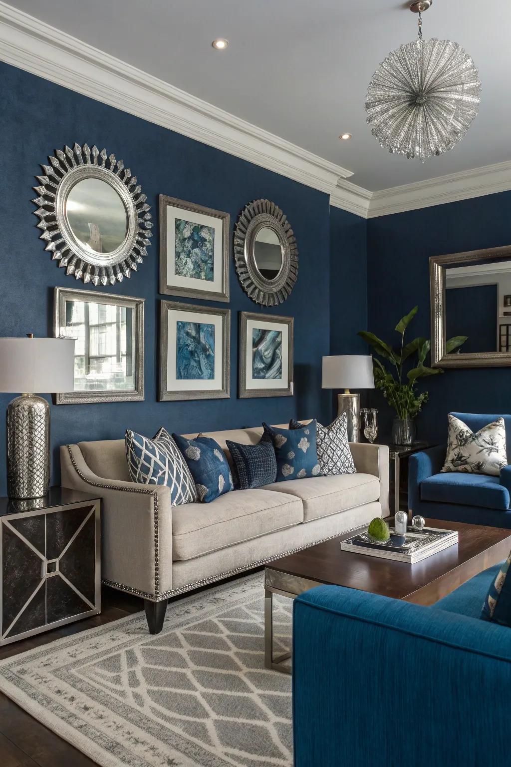 A rich indigo statement wall coupled with silver mirrors creates depth and drama.