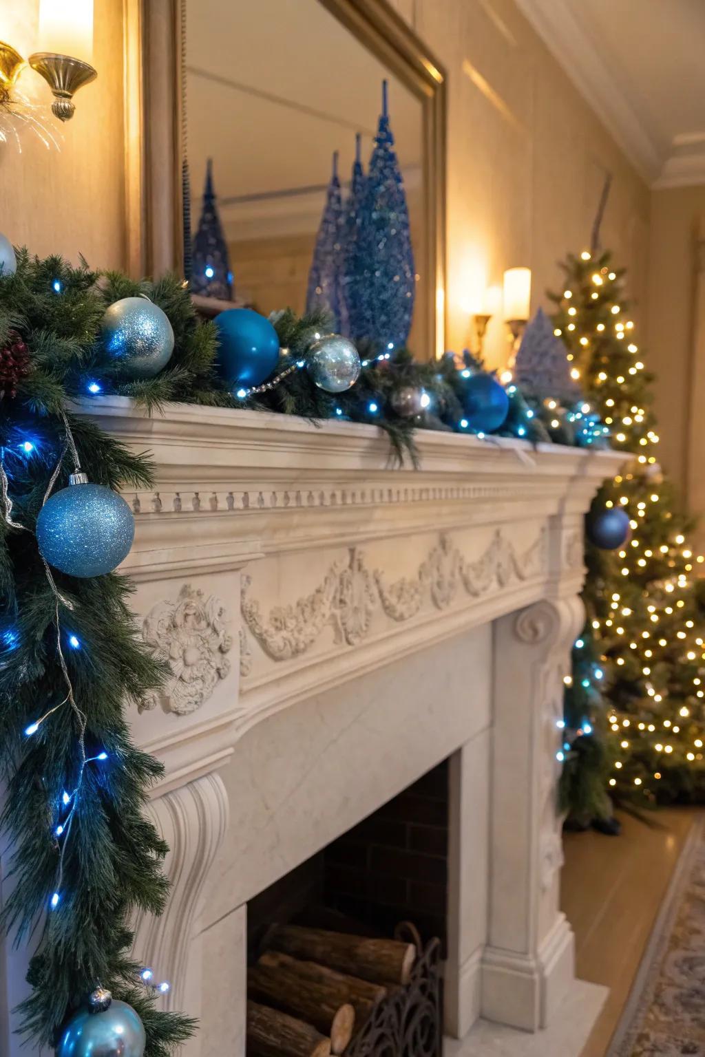 A cozy blue-themed Christmas mantel