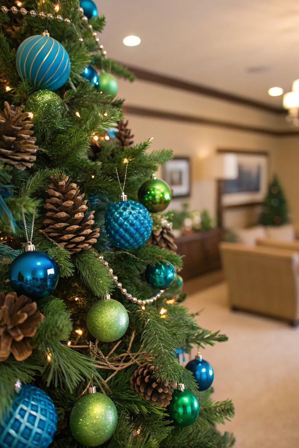 A woodland illusion with azure and verdant decorations.