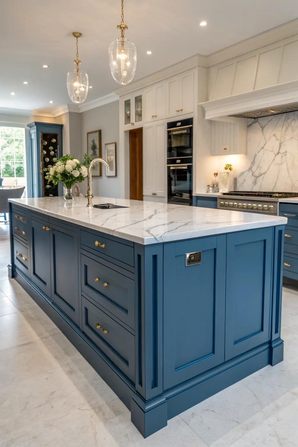 A sleek stone countertop elevates the elegance of the blue kitchen island.