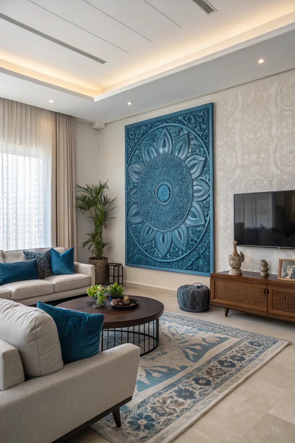 Striking blue wall decor acts as a captivating point of focus in this modern living room.