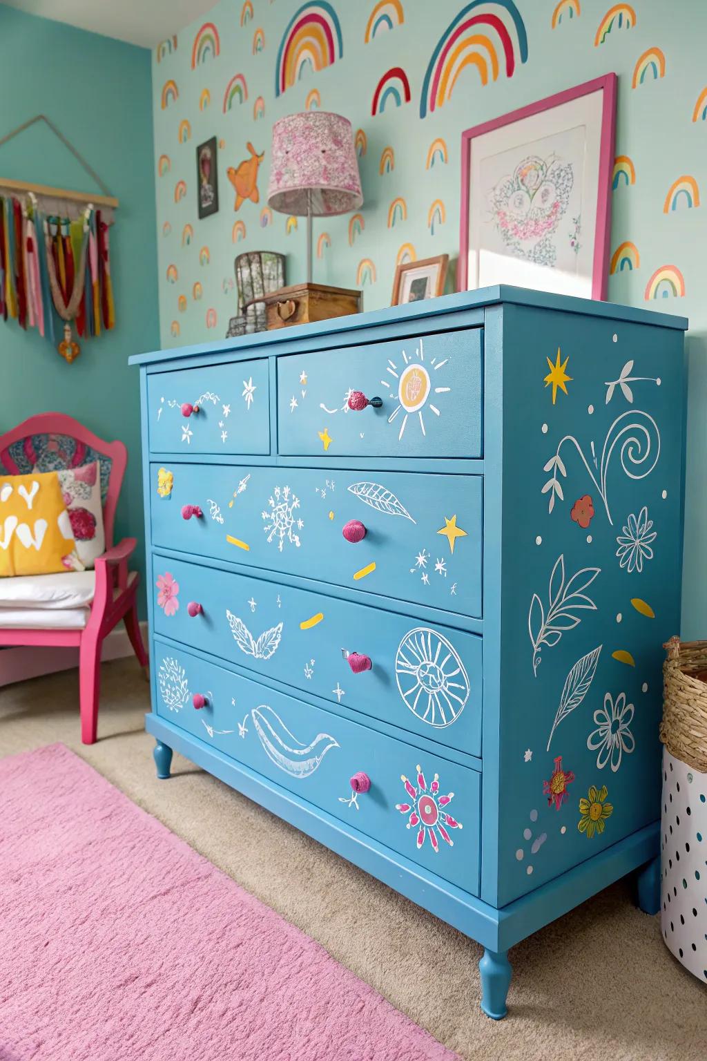 A blue dresser decorated with stenciled designs for a playful aesthetic.