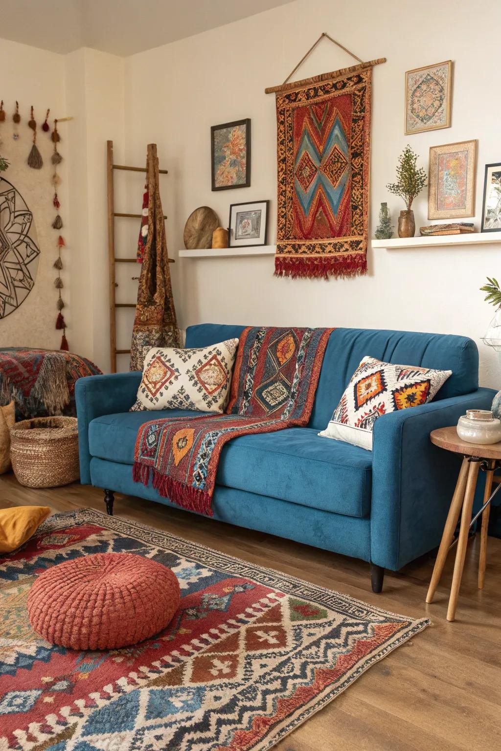 Varied designs give character to a blue sofa setting.