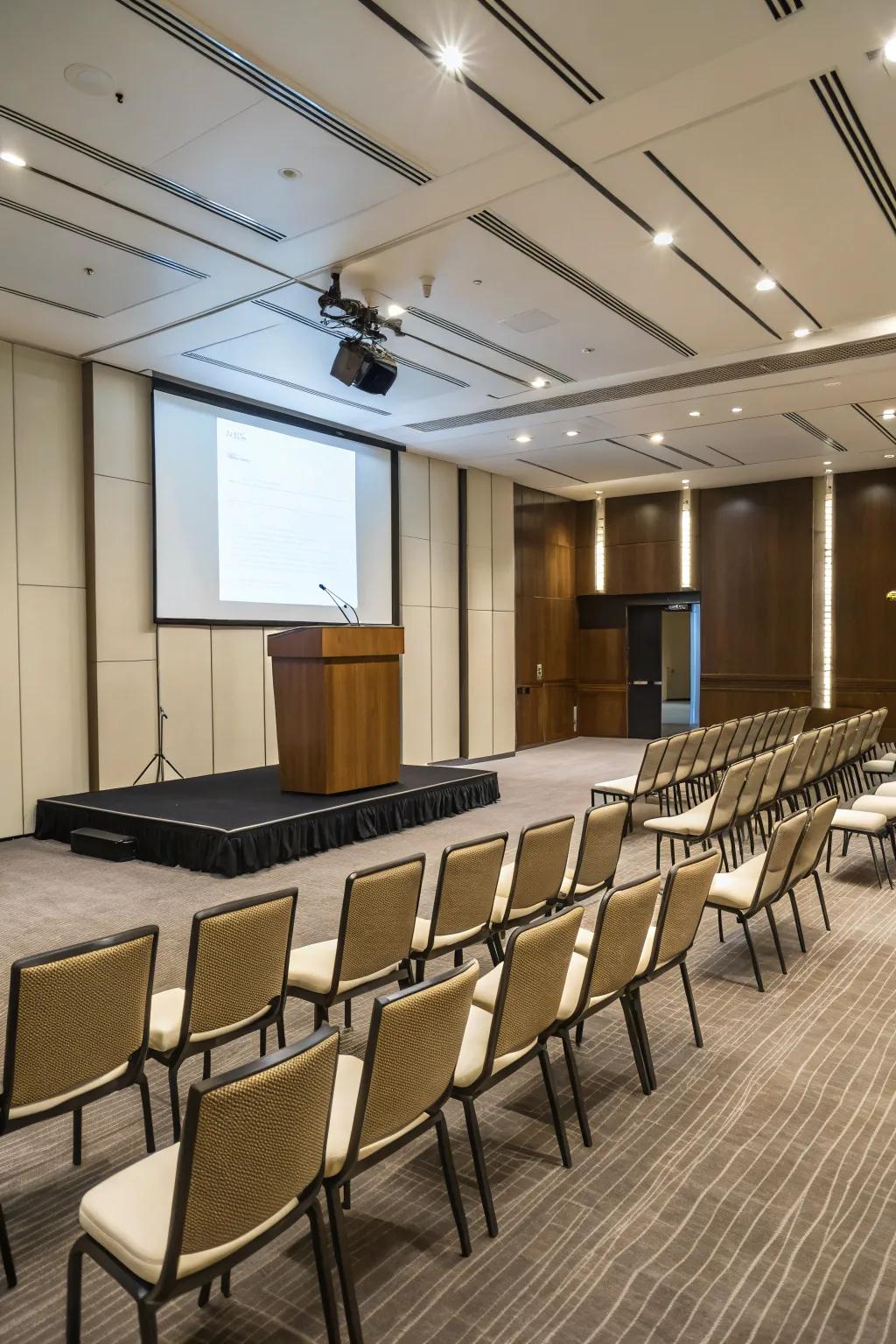 Auditorium style seating optimizes space during presentations.