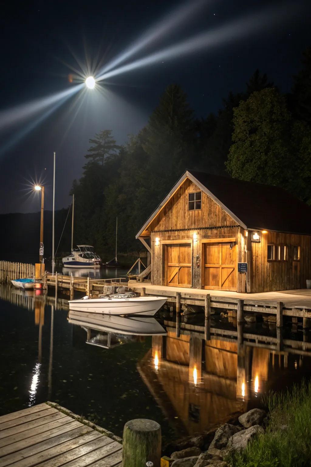 Focus and broad-beam lamps illuminate the boat house and dock, creating a bold visual effect.