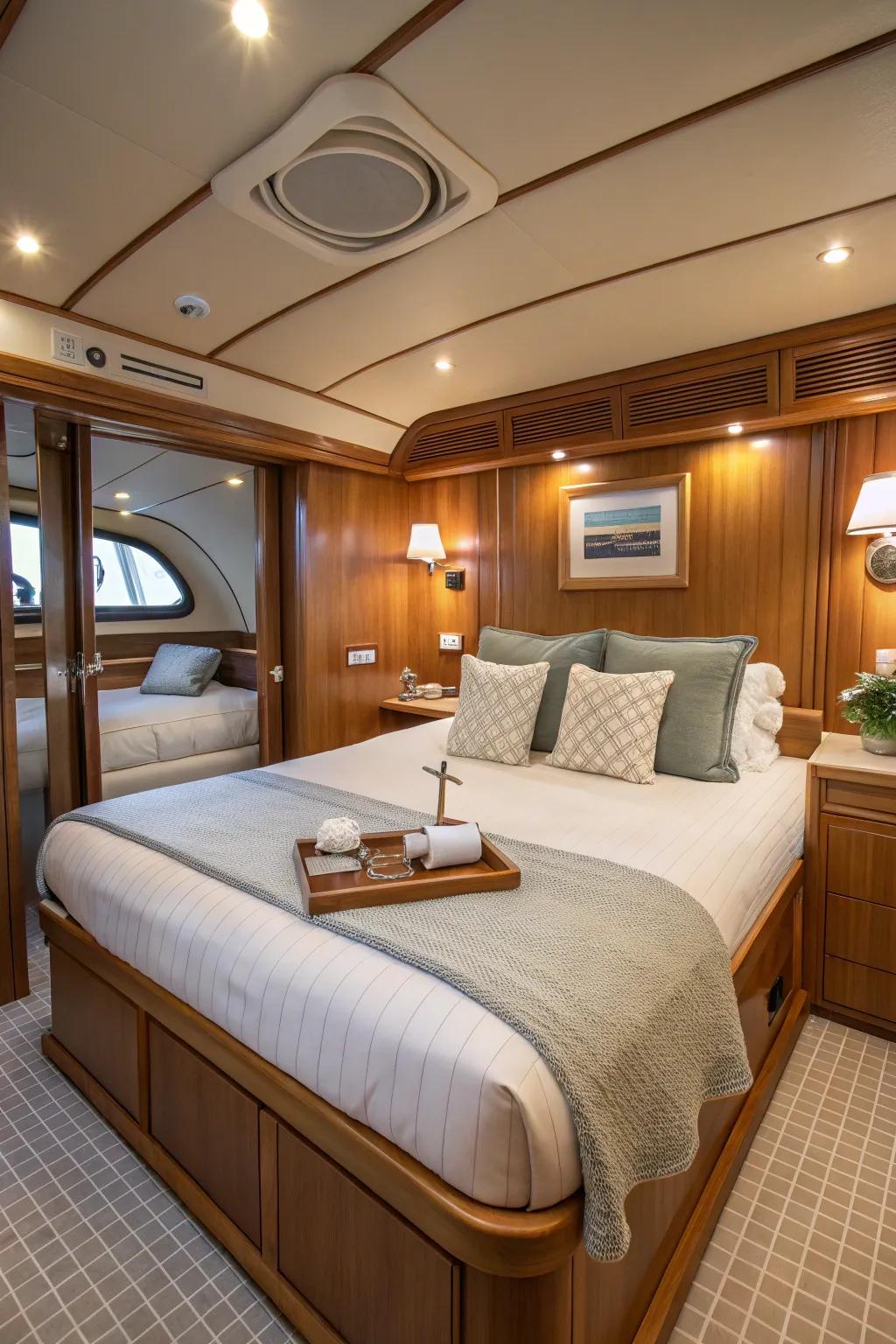 Luxurious bedding makes a small bedroom feel like a retreat.