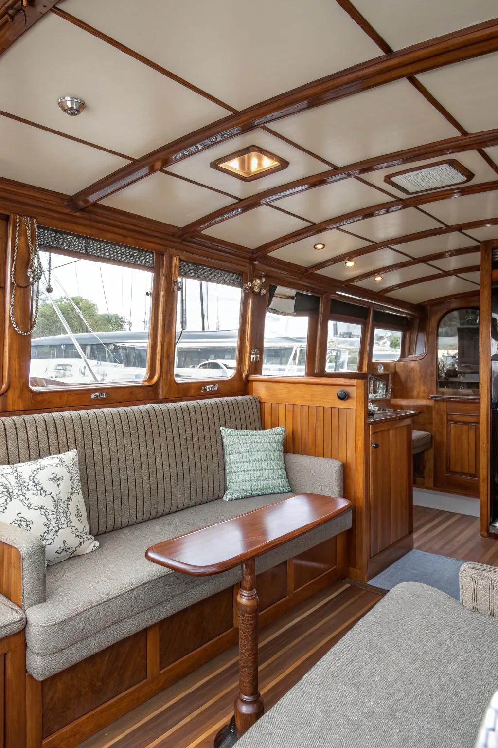 A smooth integration of traditional and modern designs for an inviting boat interior.