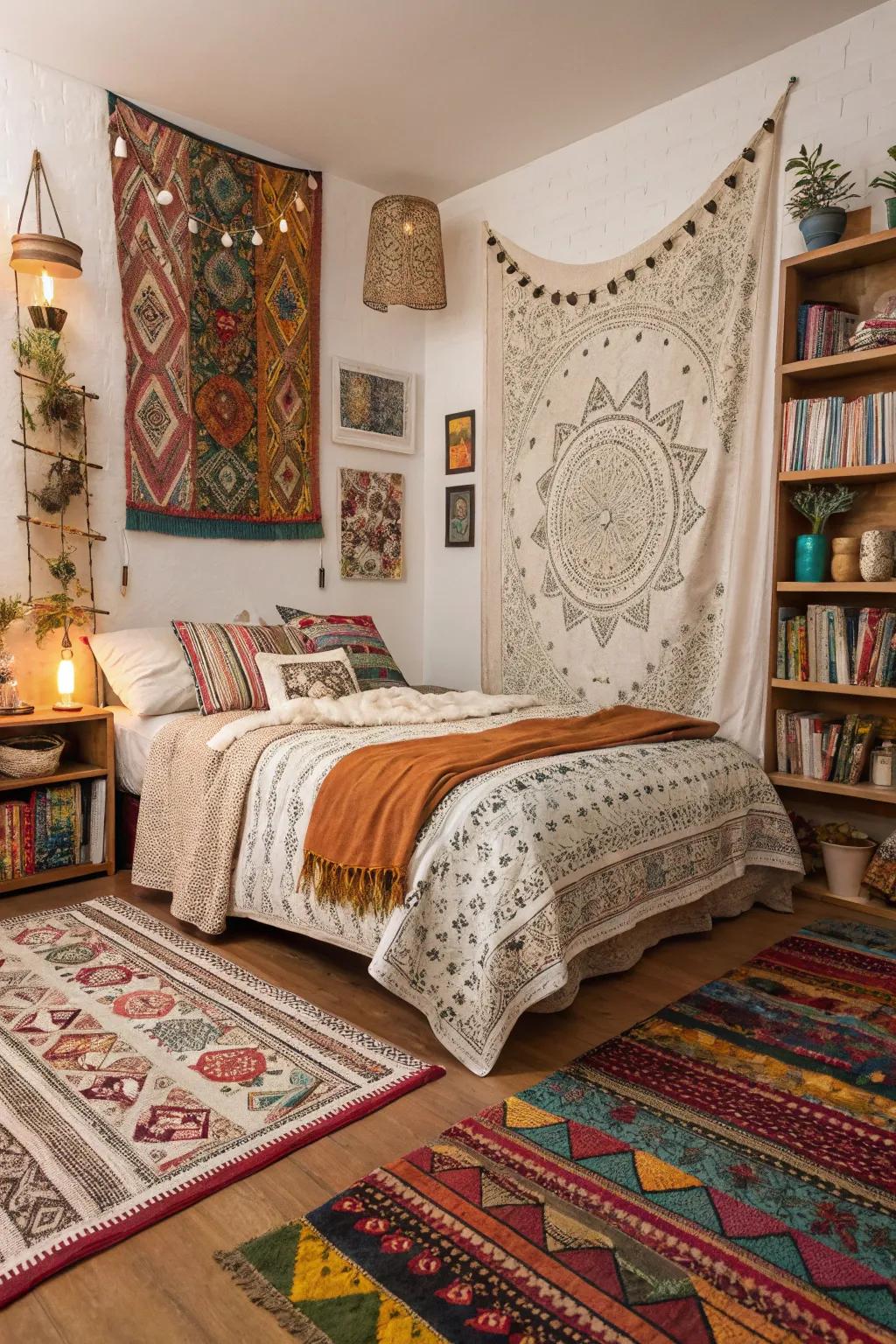 Layered rugs and textiles add warmth and comfort to this boho bedroom.