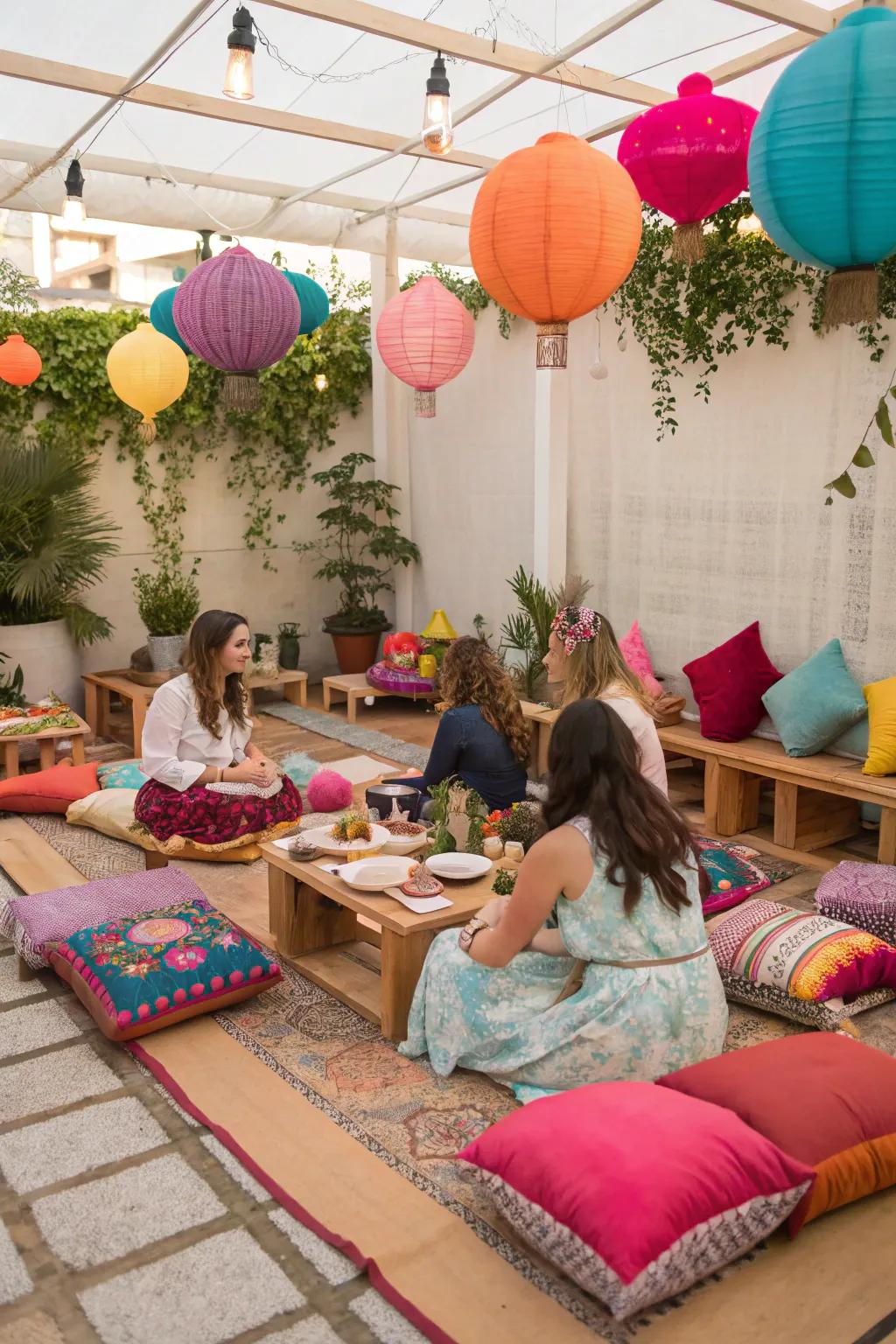 Ground seating offers a cozy and inviting space.