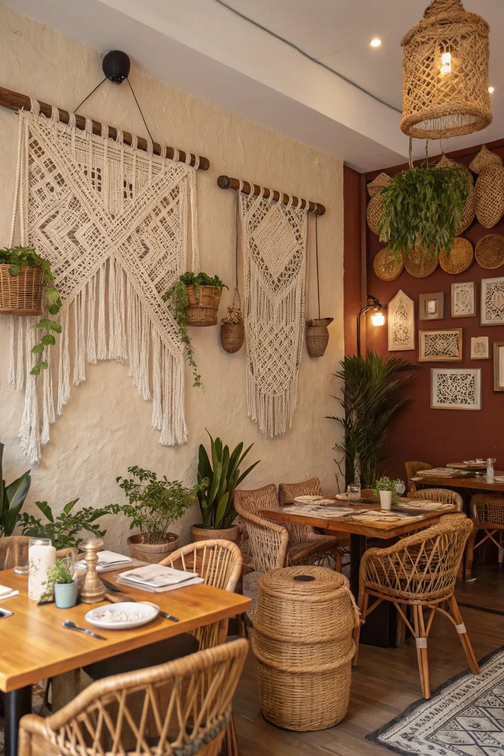 Creative woven art enhancing a boho dining space's charm.