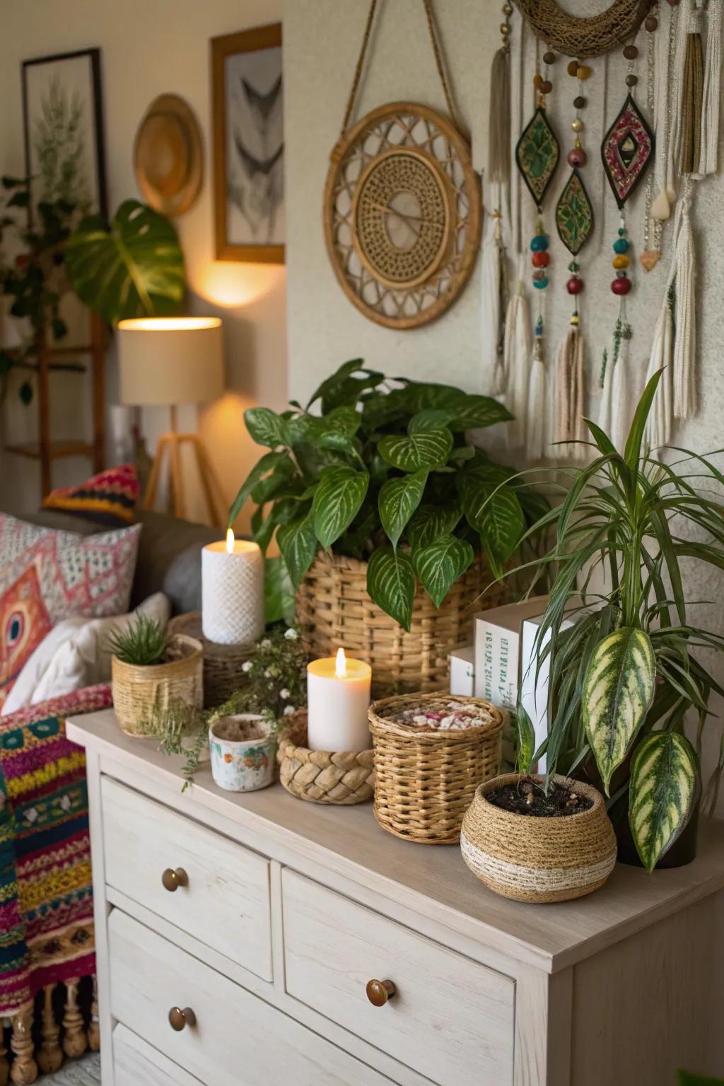 Lush greenery enhances the natural appeal of this boho dresser.