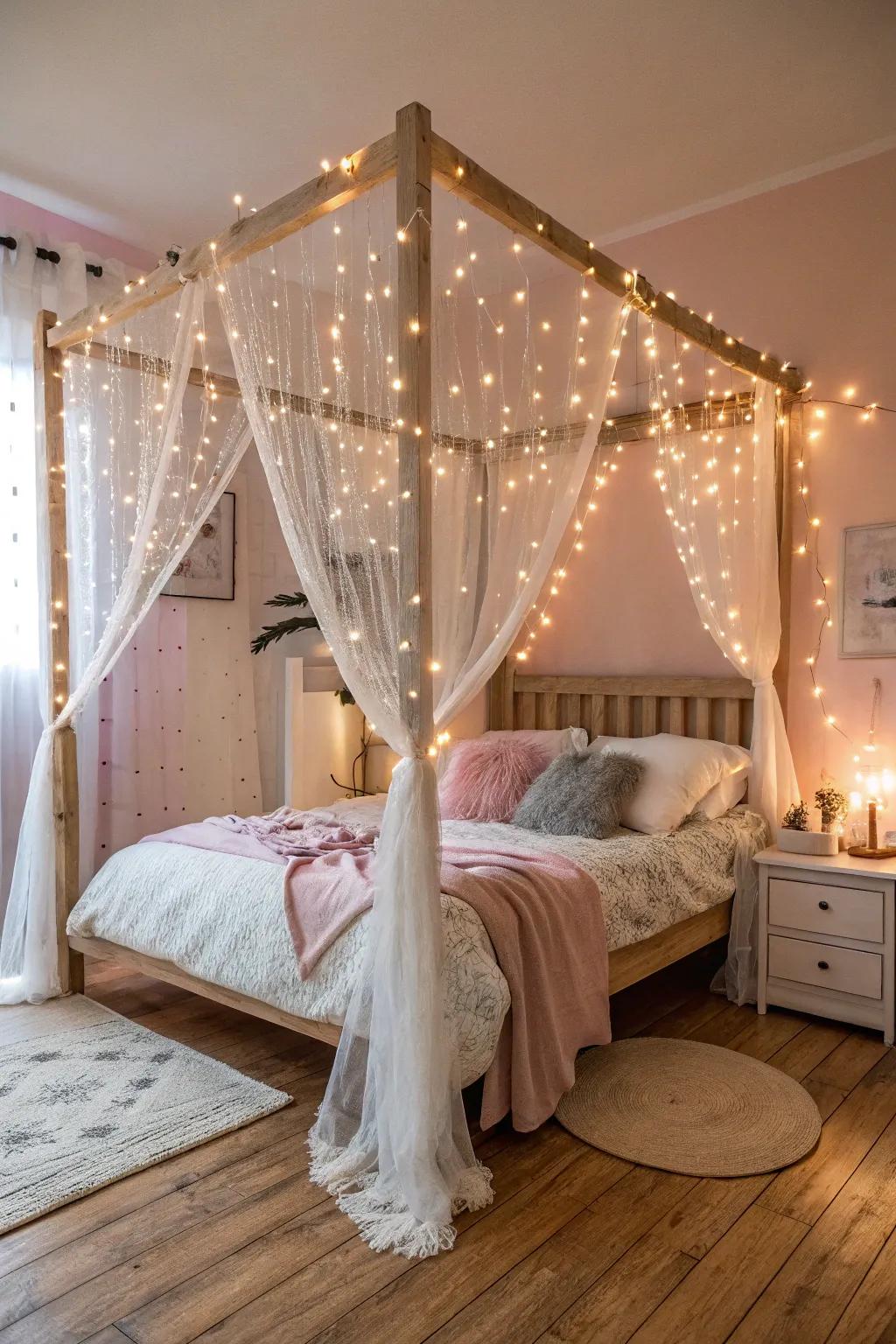 Twinkling lights draped over a canopy bed in a boho bedroom.