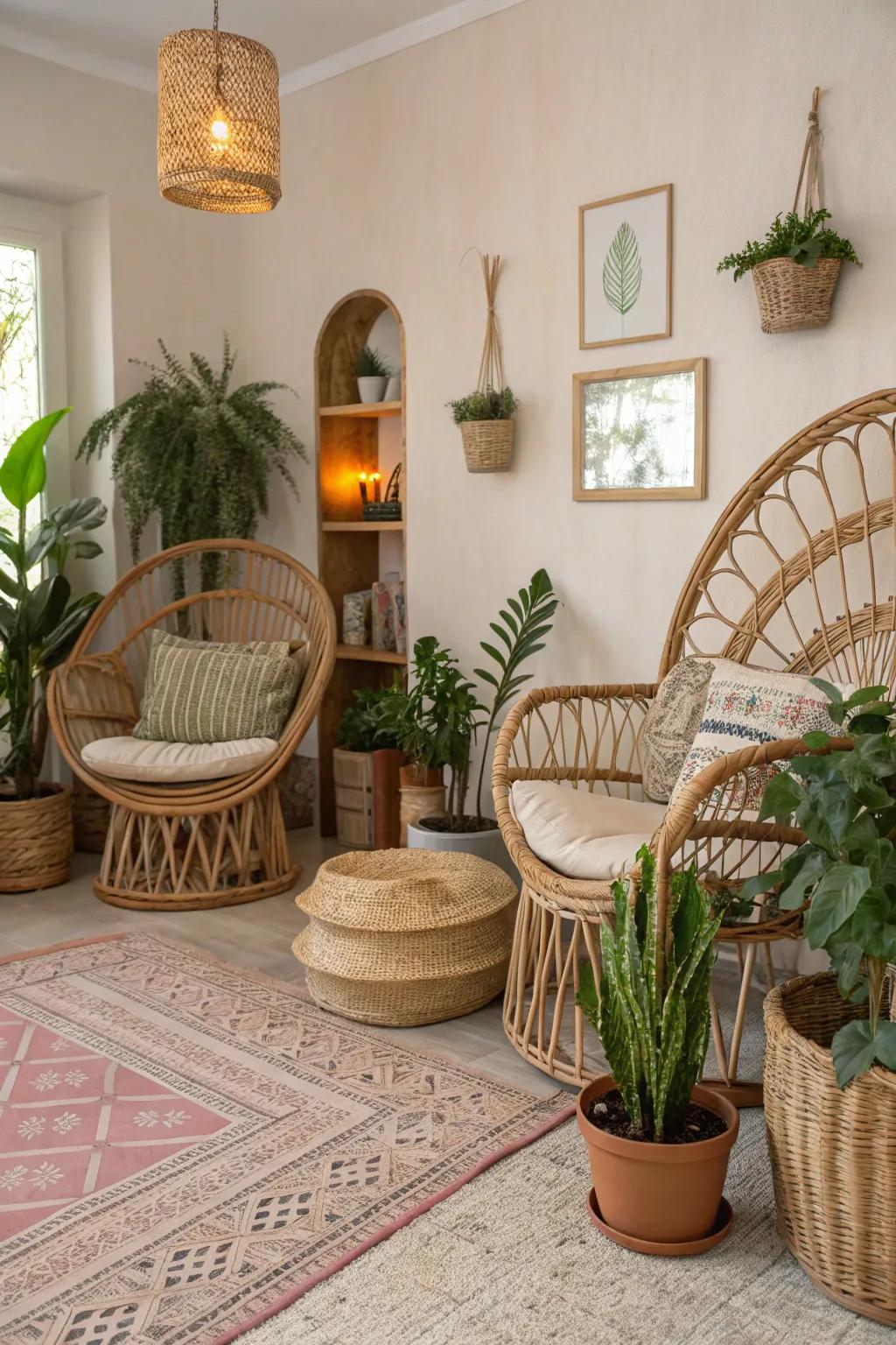 Natural elements add an earthy touch to bohemian decor.
