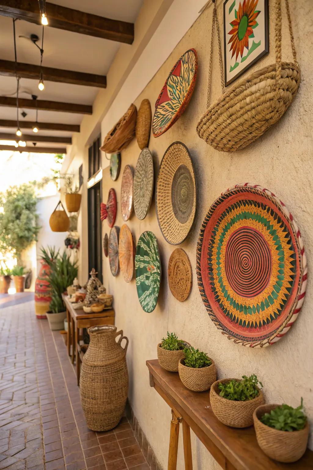 A bohemian wall gains depth and intrigue from ornamental accents.