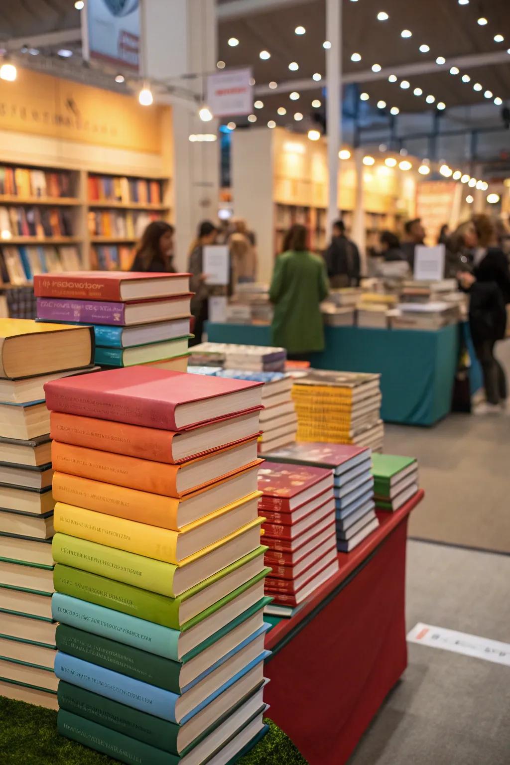 Books arranged in colorful stacks as a part of the book fair decor.