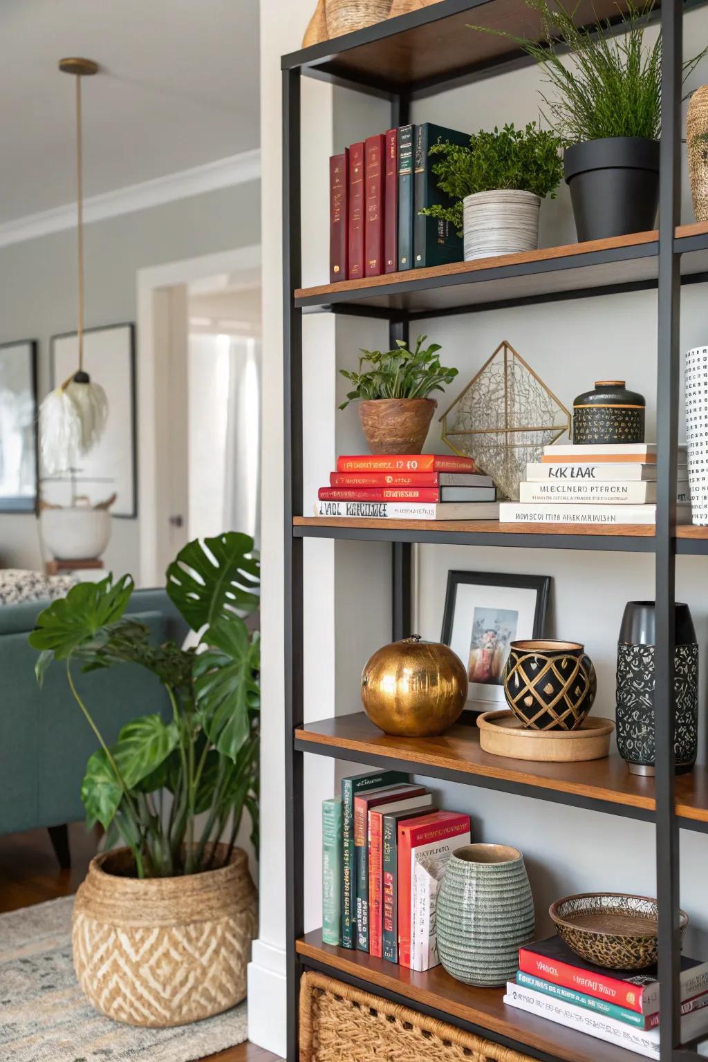 Blend eclectic and modern styles for a unique bookshelf aesthetic.