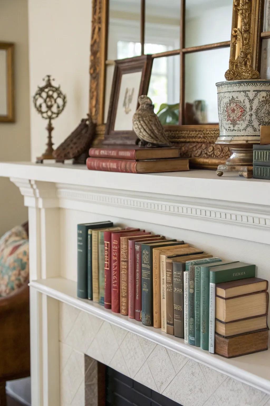 Ornaments add a unique flair to mantels decorated with books.