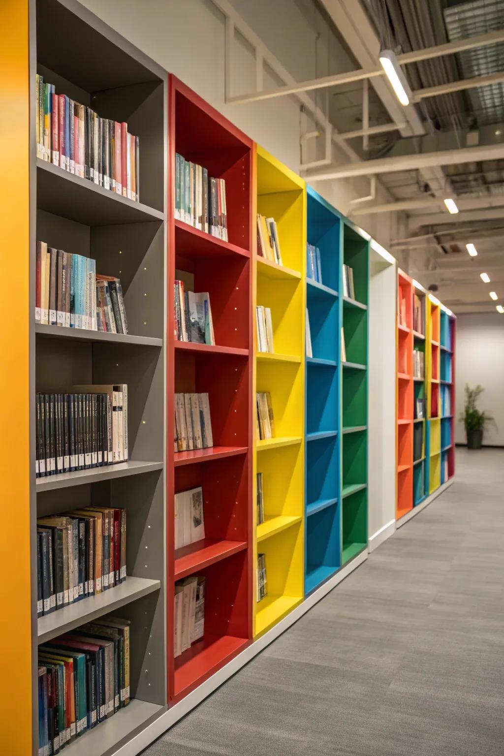 Accent colors inject personality into bookshelves.