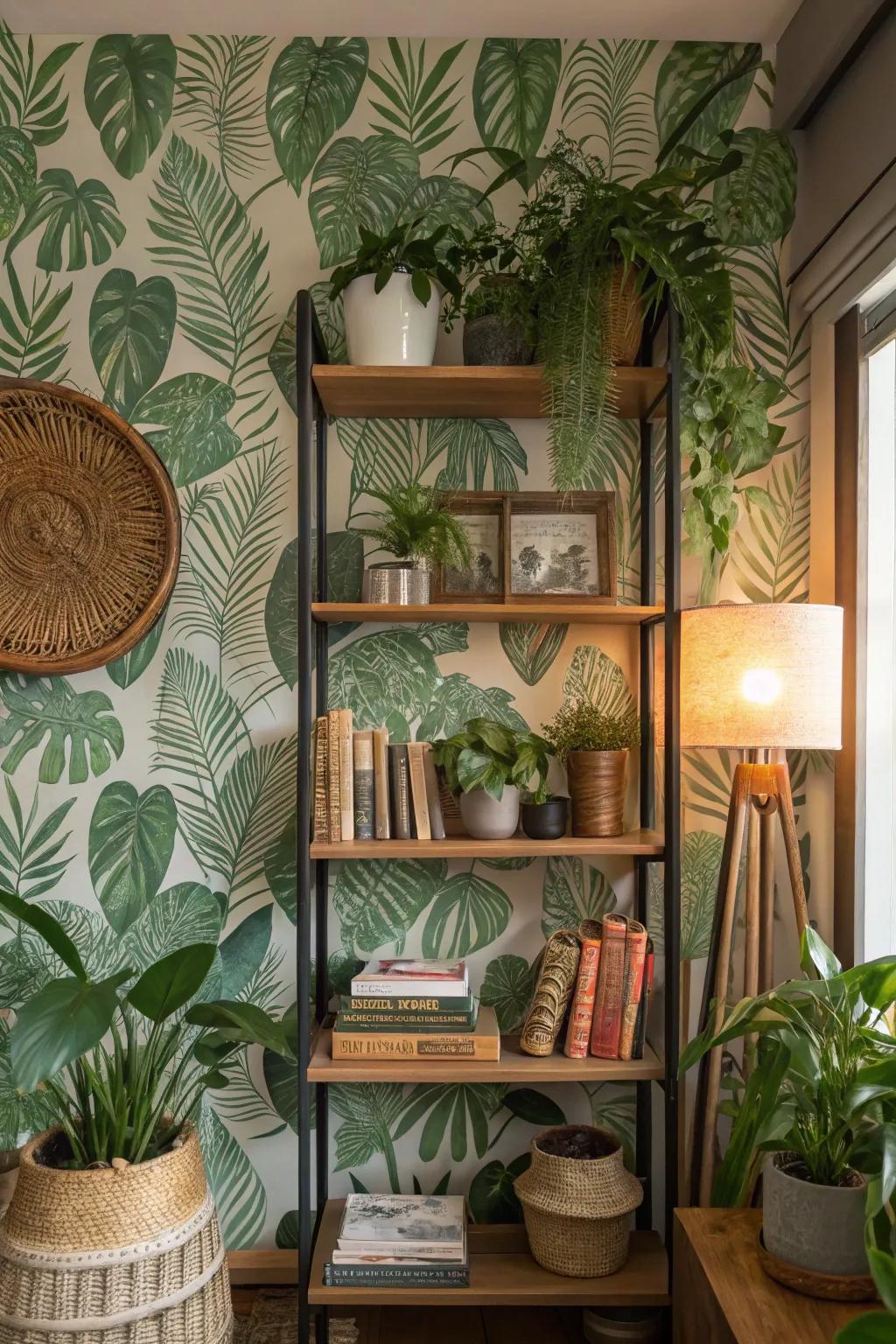<strong>Bookshelf</strong> featuring verdant plant-themed wallcovering for a revitalizing natural look.&rdquo; loading=&rdquo;lazy&rdquo; class=&rdquo;pimg&rdquo;>
	</picture><figcaption><strong>Bookshelf</strong> featuring verdant plant-themed wallcovering for a revitalizing natural look.</figcaption></figure>
<p>Plant-themed prints can bring the beauty of the outdoors inside and rejuvenate your area. I appreciate how the verdant tones from plant-themed wallcovering can energize a space.</p>
<h3>Give these a look:</h3>
<ul class=